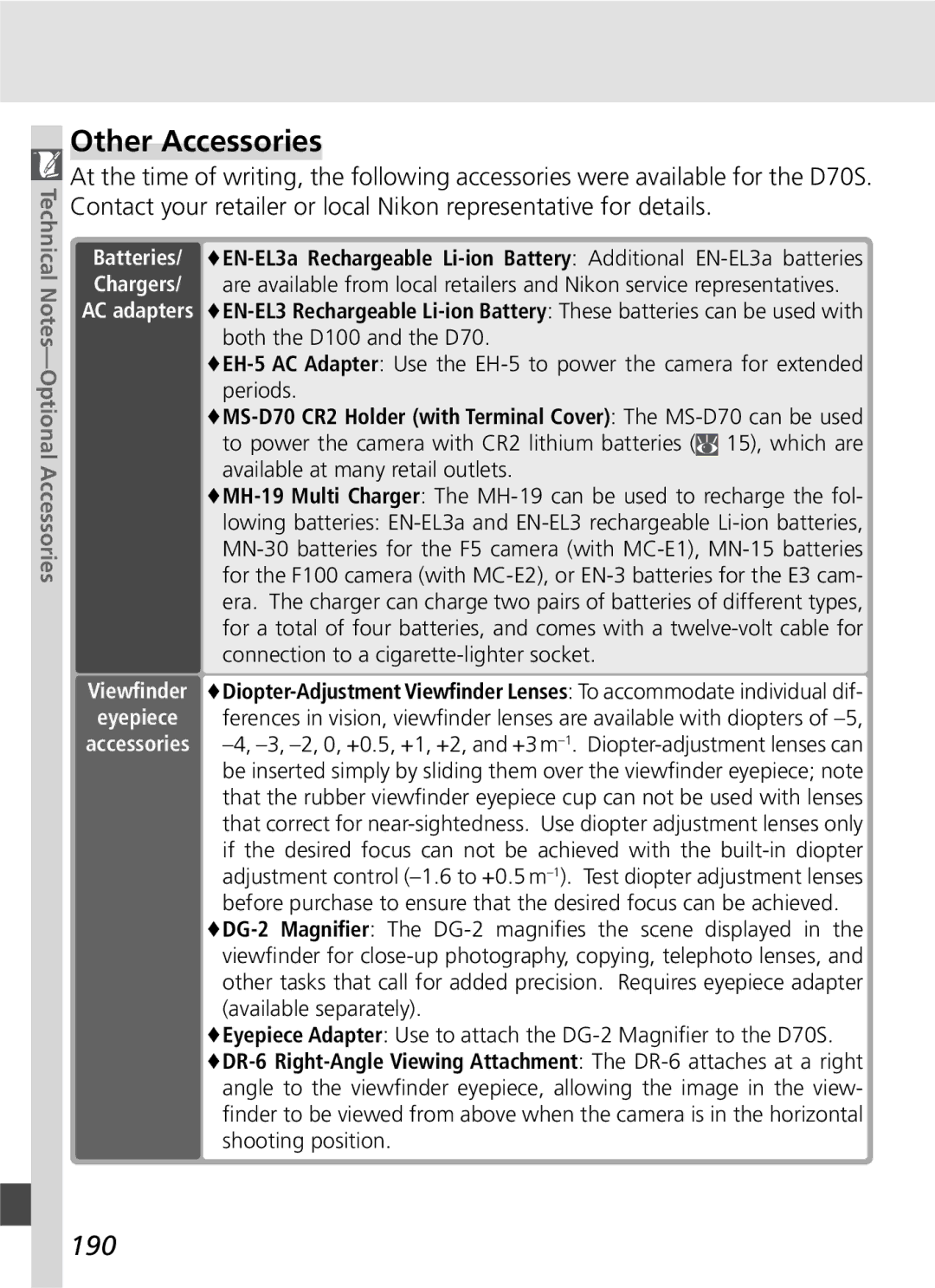 Nikon D70SBODY manual Other Accessories, 190 