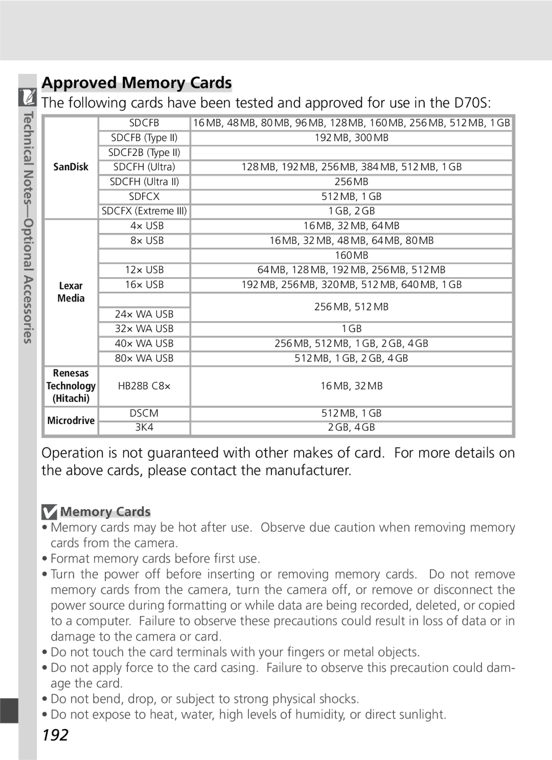 Nikon D70SBODY manual Approved Memory Cards, 192 