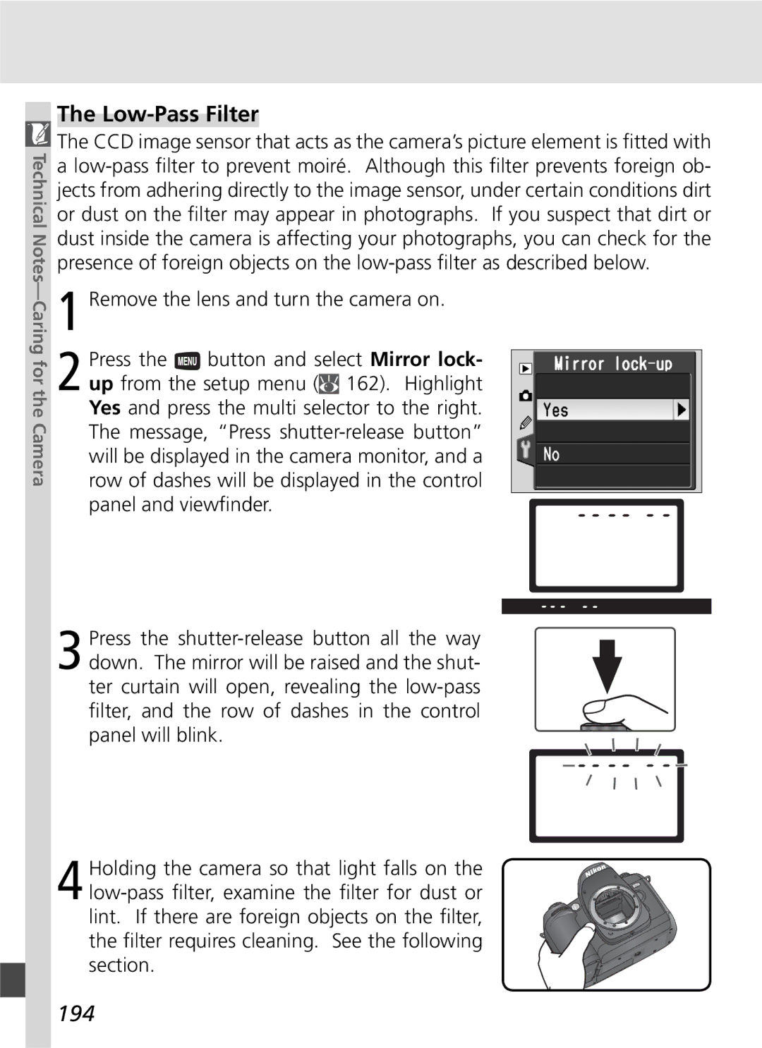 Nikon D70SBODY manual Low-Pass Filter, 194, Remove the lens and turn the camera on 