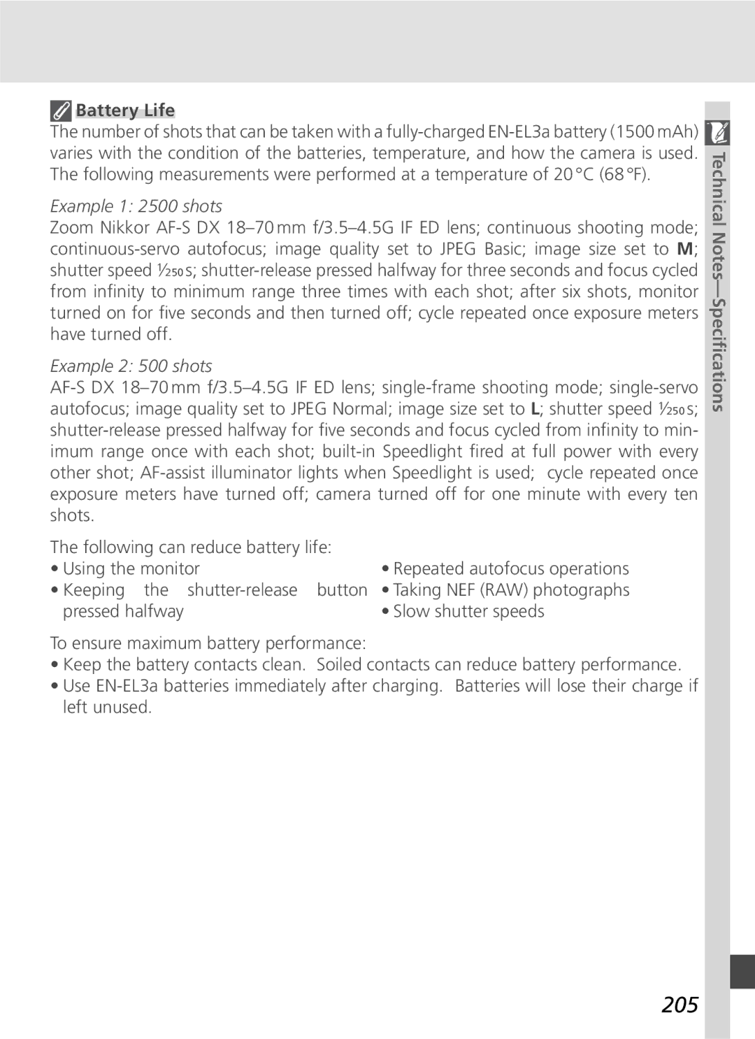 Nikon D70SBODY manual 205, Battery Life 