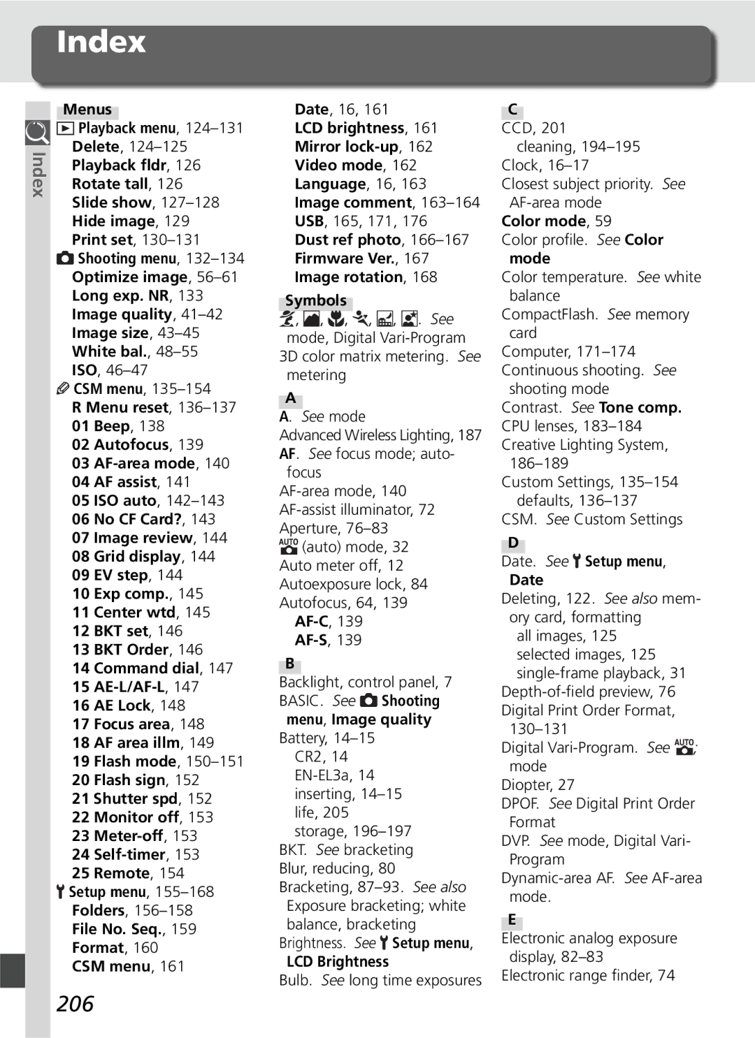 Nikon D70SBODY manual Index, 206 