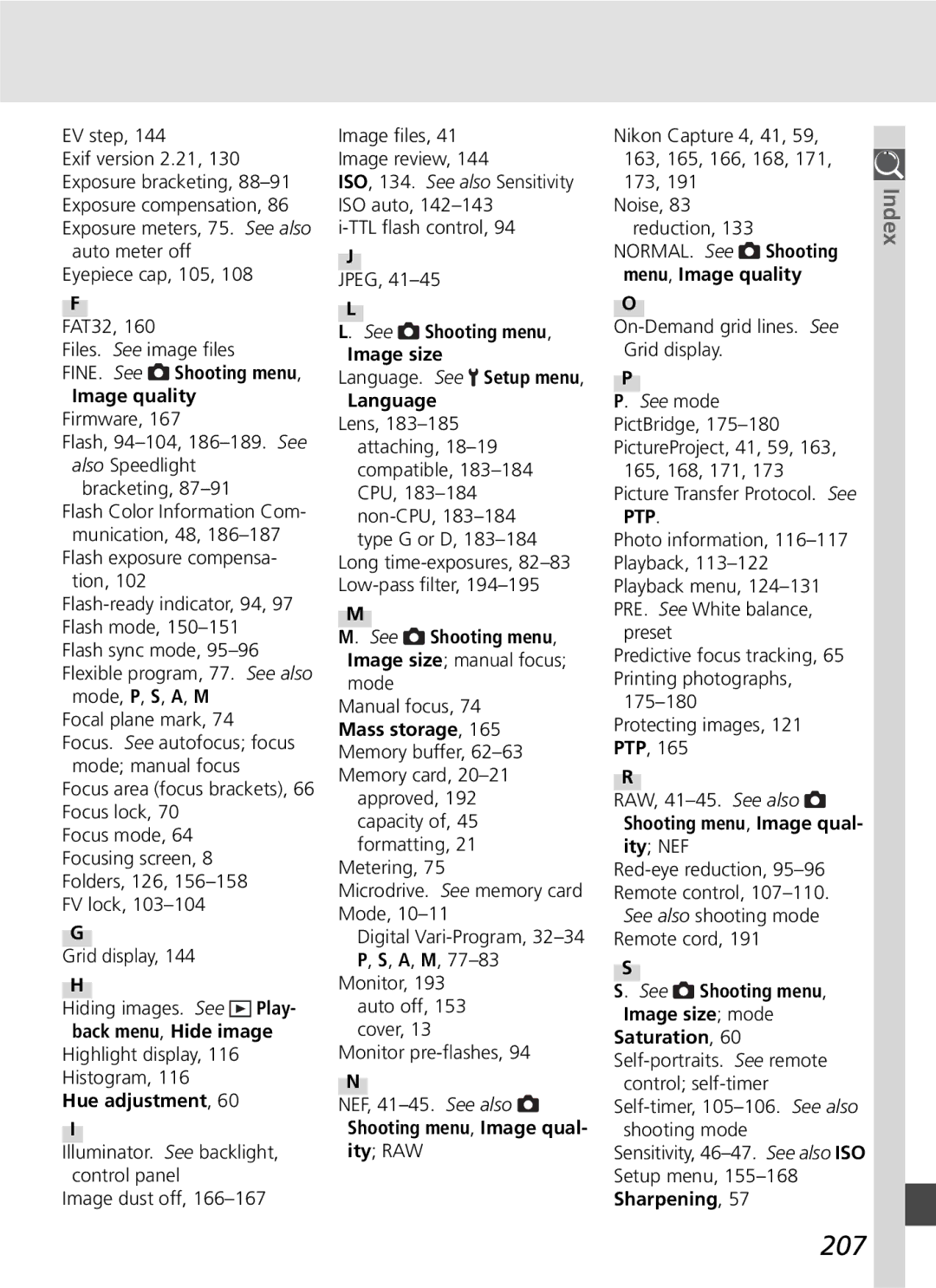 Nikon D70SBODY manual 207, FINE. See Shooting menu Image quality 