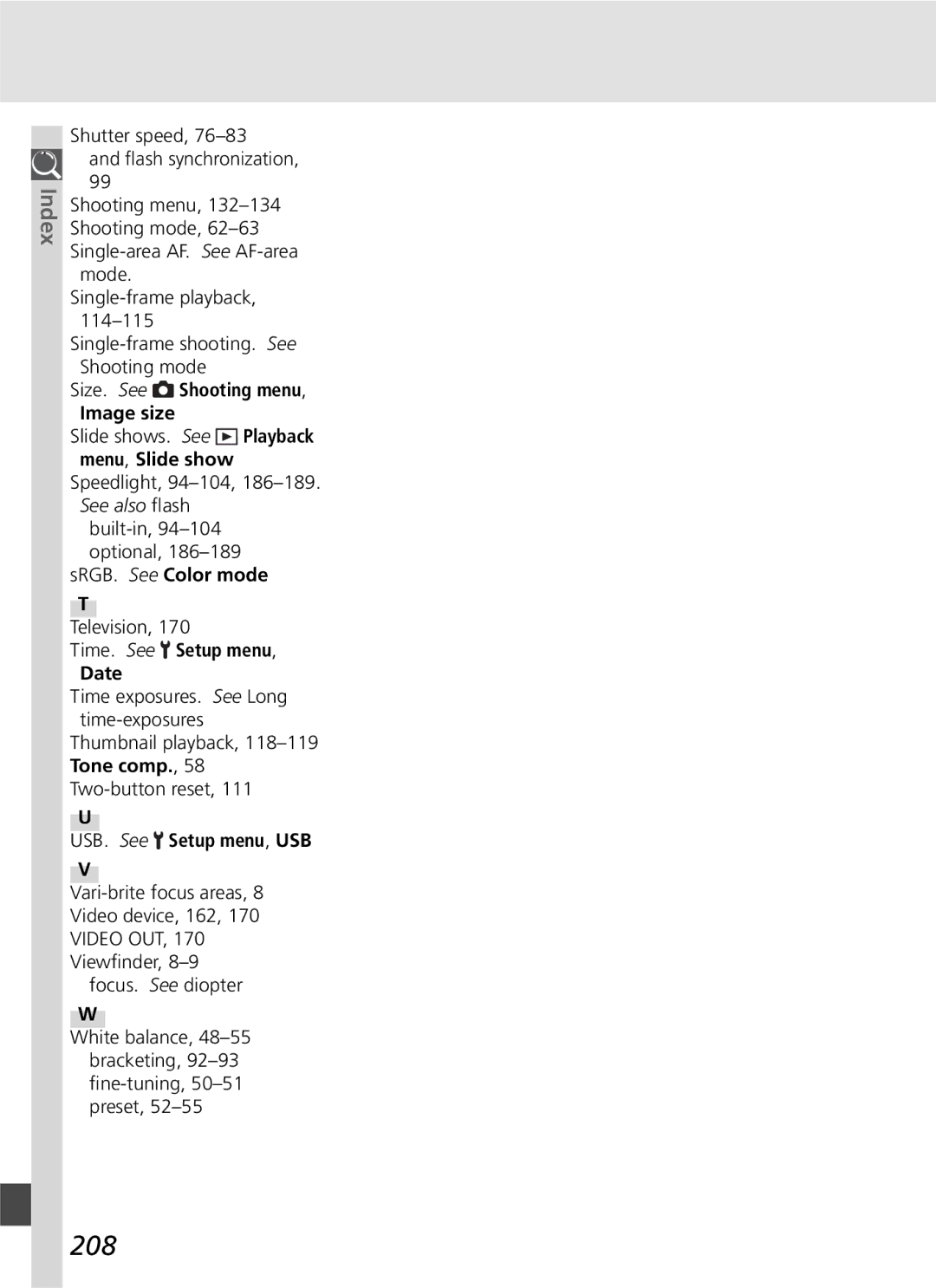 Nikon D70SBODY manual 208, Size. See Shooting menu Image size 