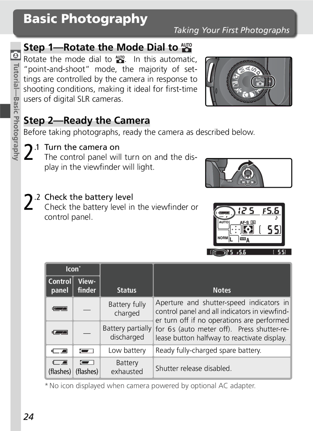 Nikon D70SBODY manual Basic Photography, Rotate the Mode Dial to, Ready the Camera, Taking Your First Photographs 