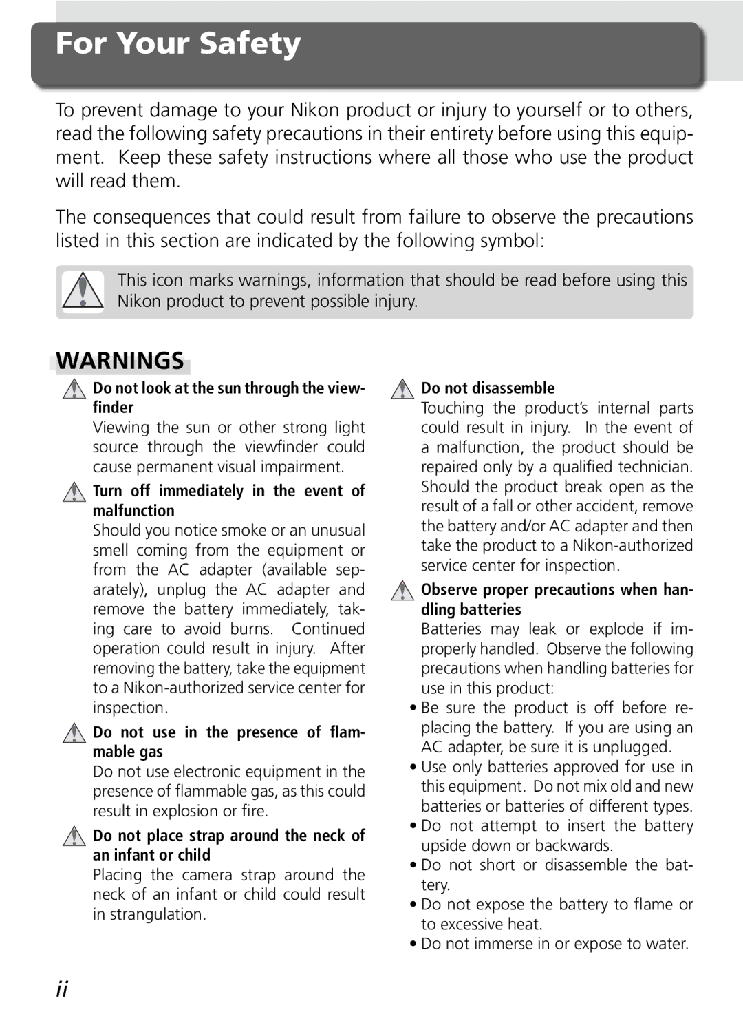 Nikon D70SBODY manual For Your Safety, Do not look at the sun through the view- ﬁnder 