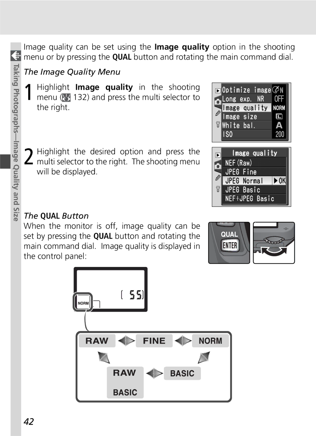 Nikon D70SBODY manual Image Quality Menu, Qual Button 