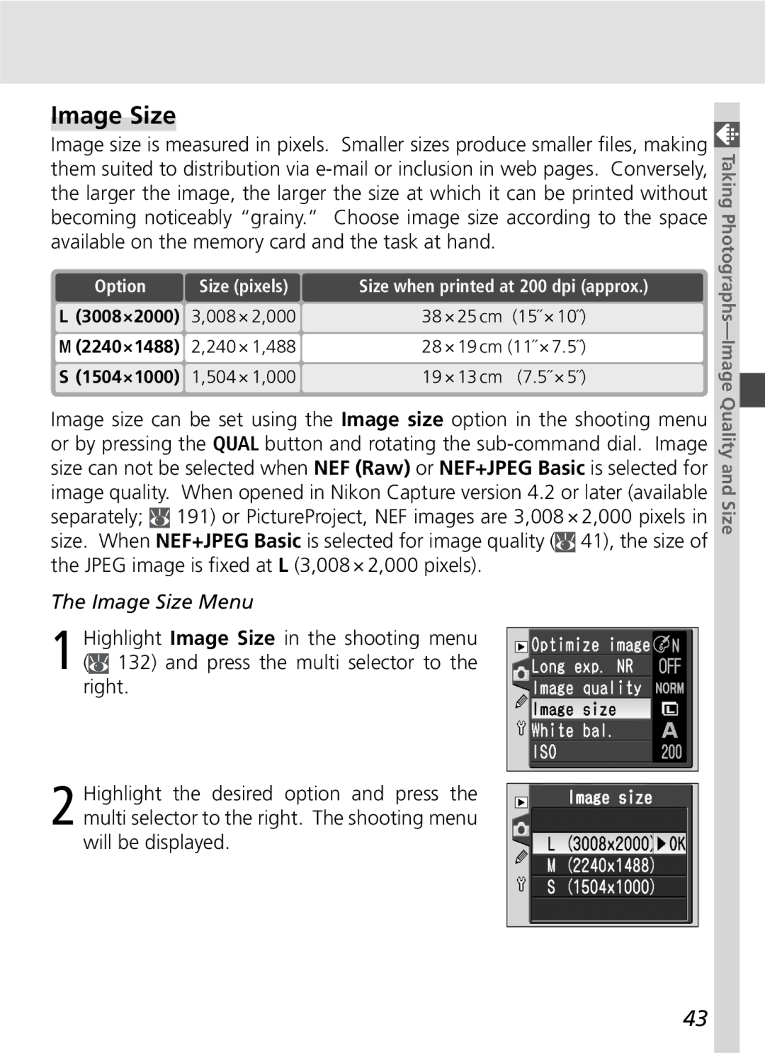 Nikon D70SBODY manual Image Size Menu, Option 