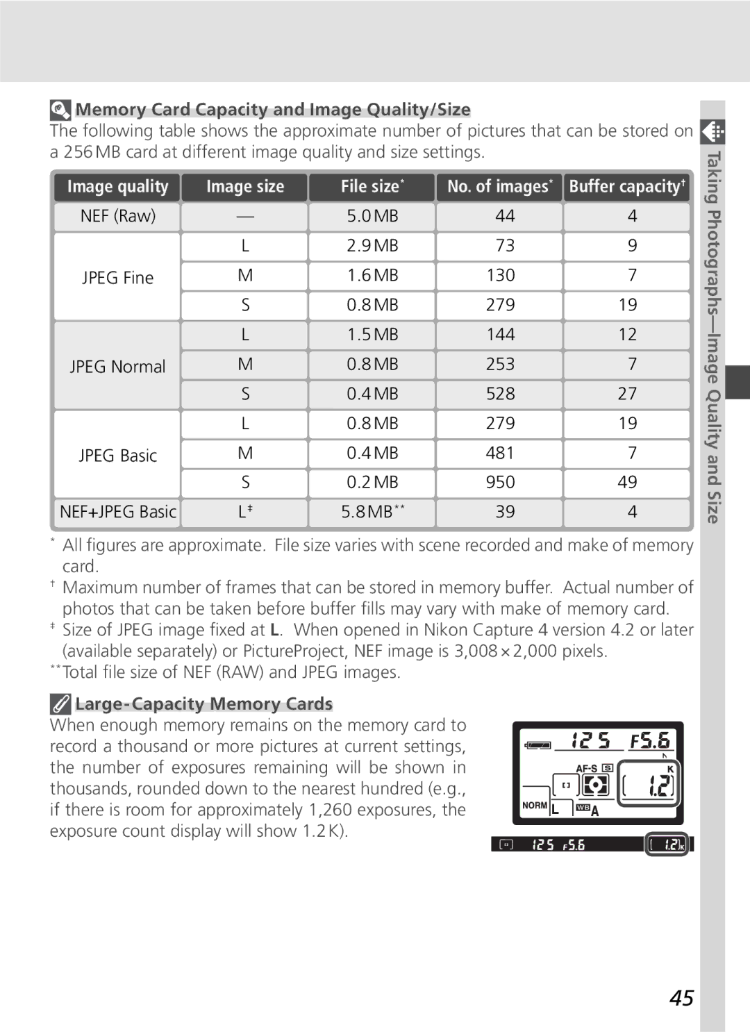 Nikon D70SBODY Memory Card Capacity and Image Quality/Size, 130 279 144, 253 528 279, 481 950, Large-Capacity Memory Cards 