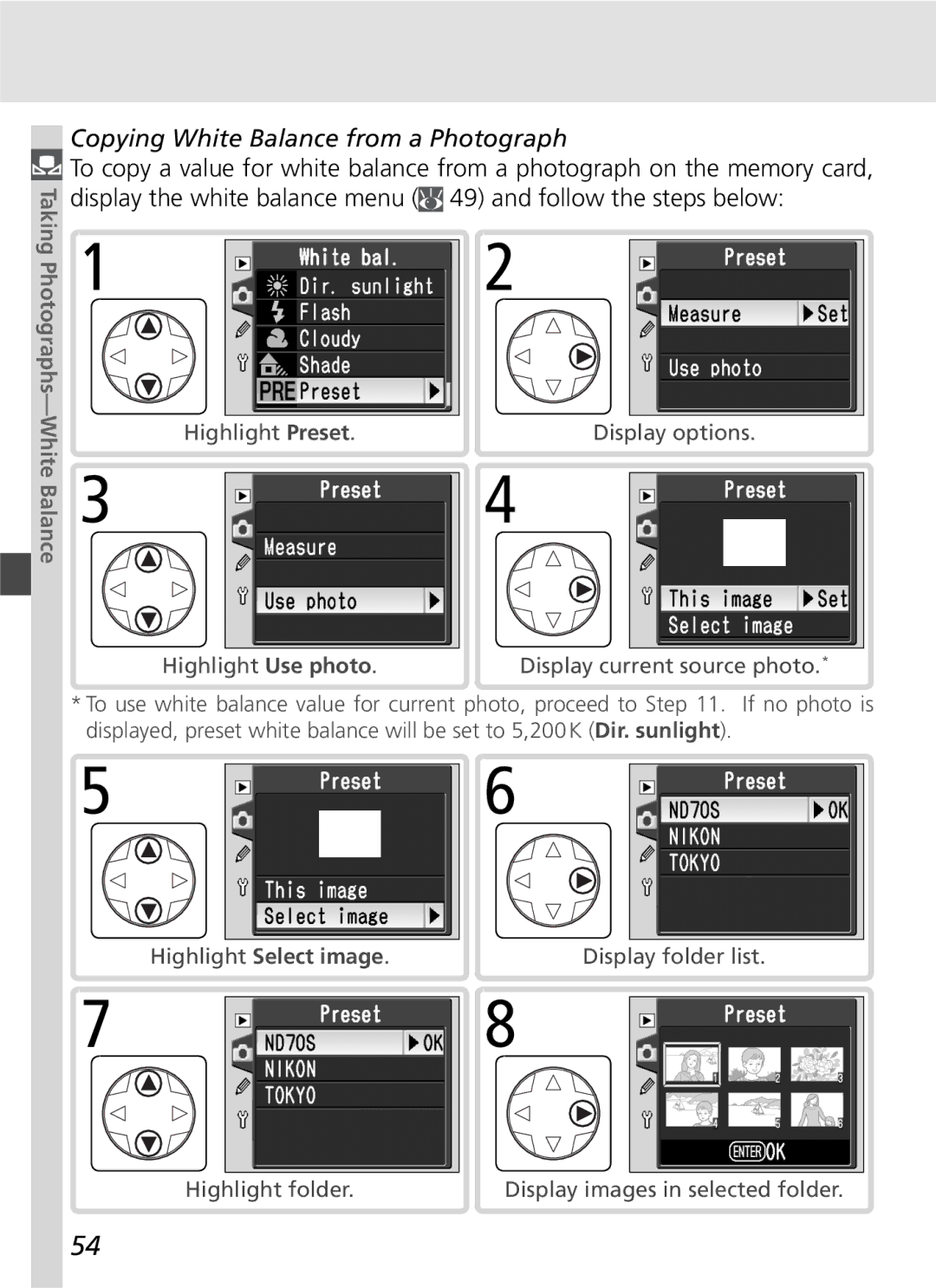 Nikon D70SBODY manual Copying White Balance from a Photograph, Highlight Select image 