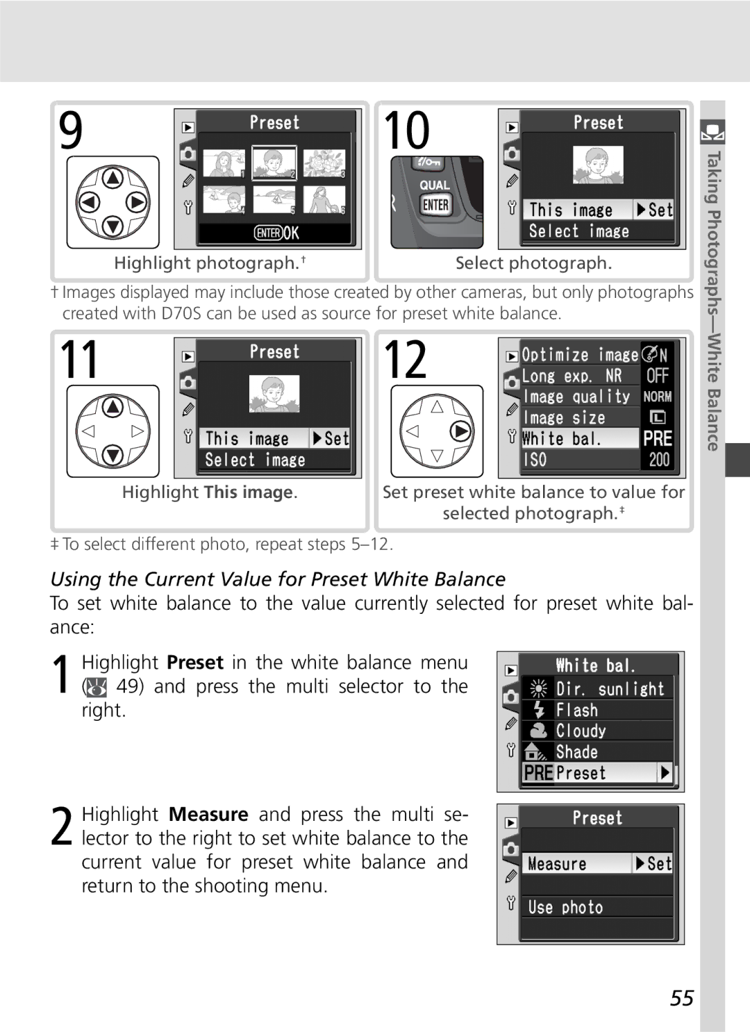 Nikon D70SBODY manual 910, Using the Current Value for Preset White Balance 