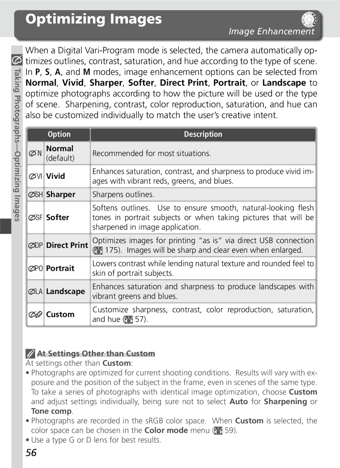 Nikon D70SBODY manual Optimizing Images, Image Enhancement, At Settings Other than Custom 