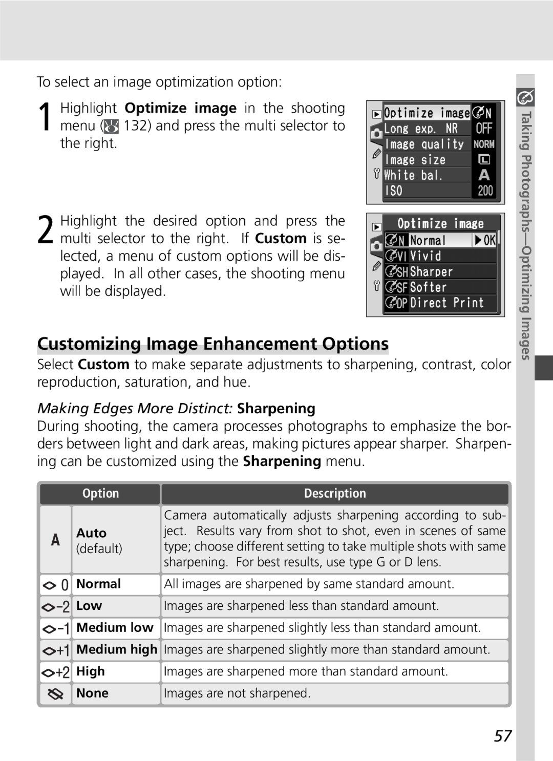 Nikon D70SBODY manual Customizing Image Enhancement Options, Making Edges More Distinct Sharpening, Option Description 