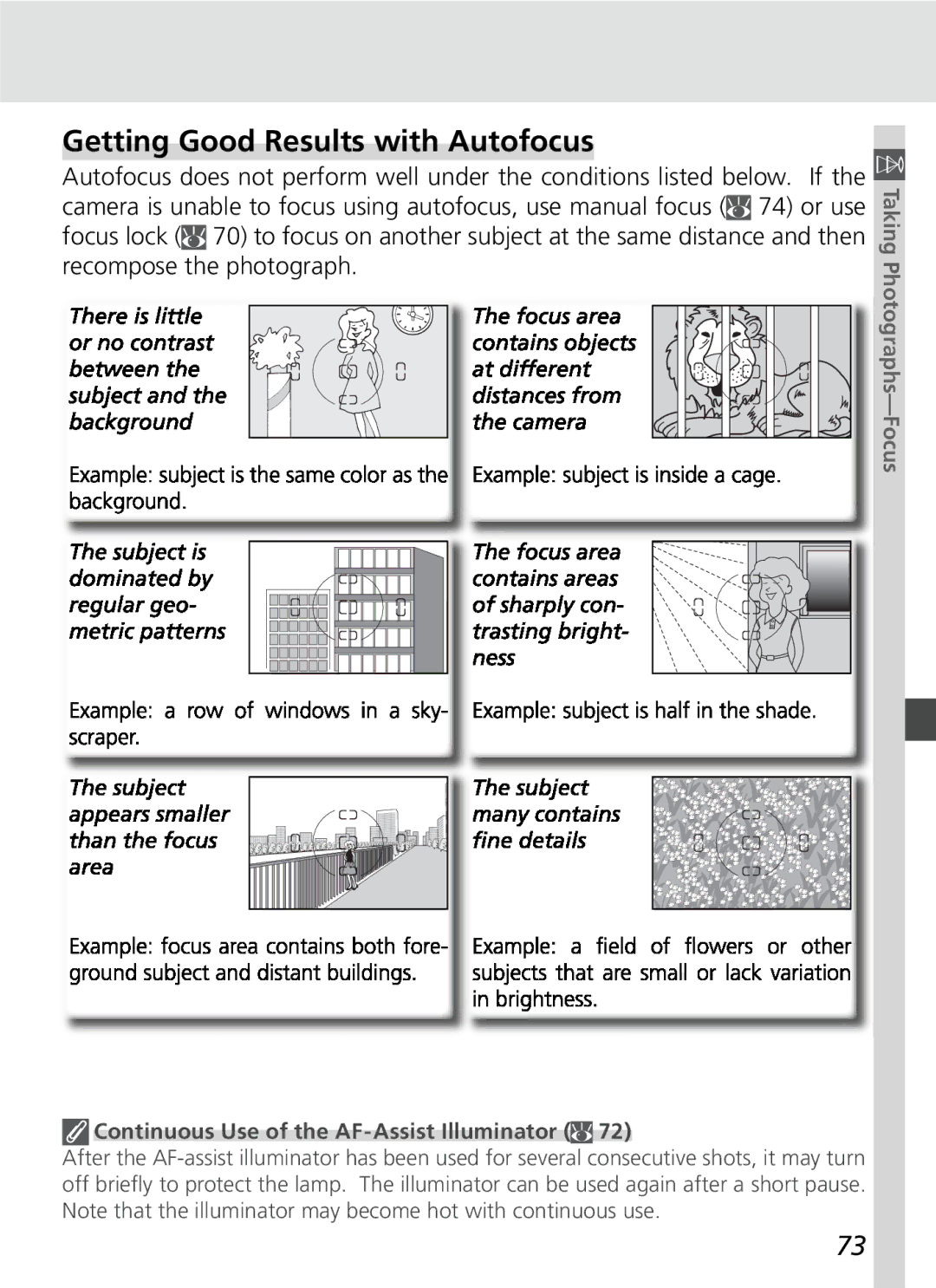 Nikon D70SBODY manual Getting Good Results with Autofocus, Continuous Use of the AF-Assist Illuminator 