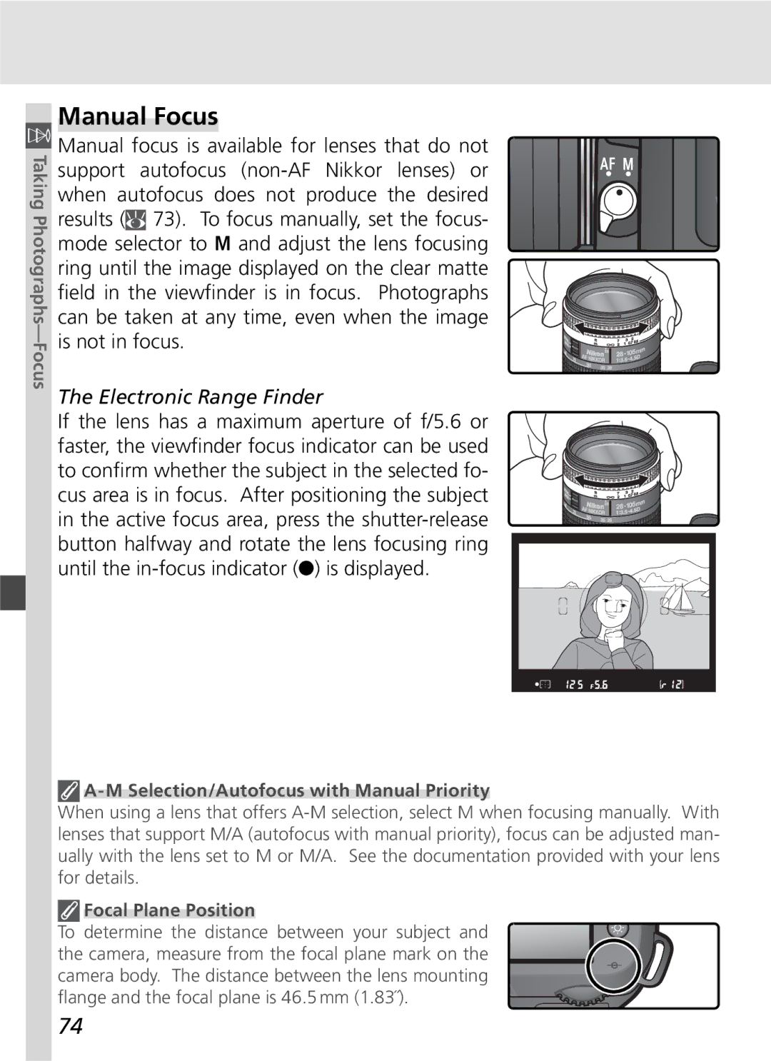 Nikon D70SBODY manual Manual Focus, Electronic Range Finder, Selection/Autofocus with Manual Priority, Focal Plane Position 