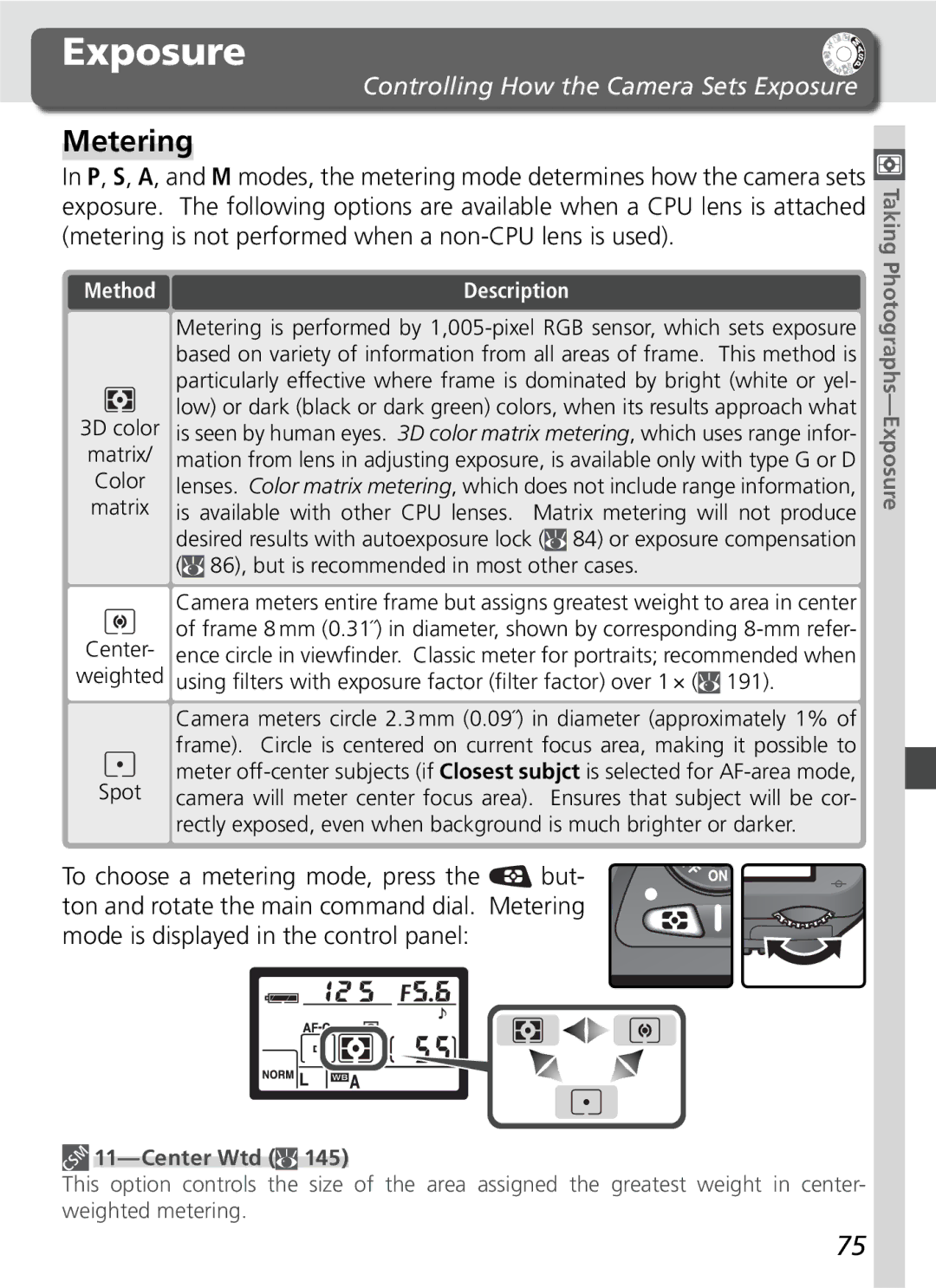 Nikon D70SBODY manual Metering, Controlling How the Camera Sets Exposure, Center Wtd 