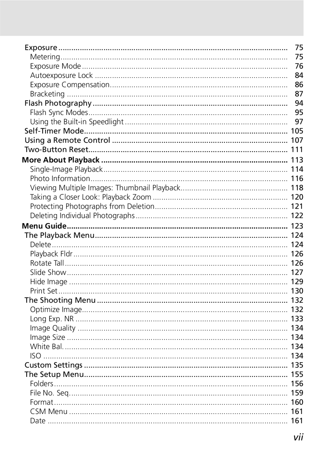 Nikon D70SBODY manual Vii, 113, 120, 123 