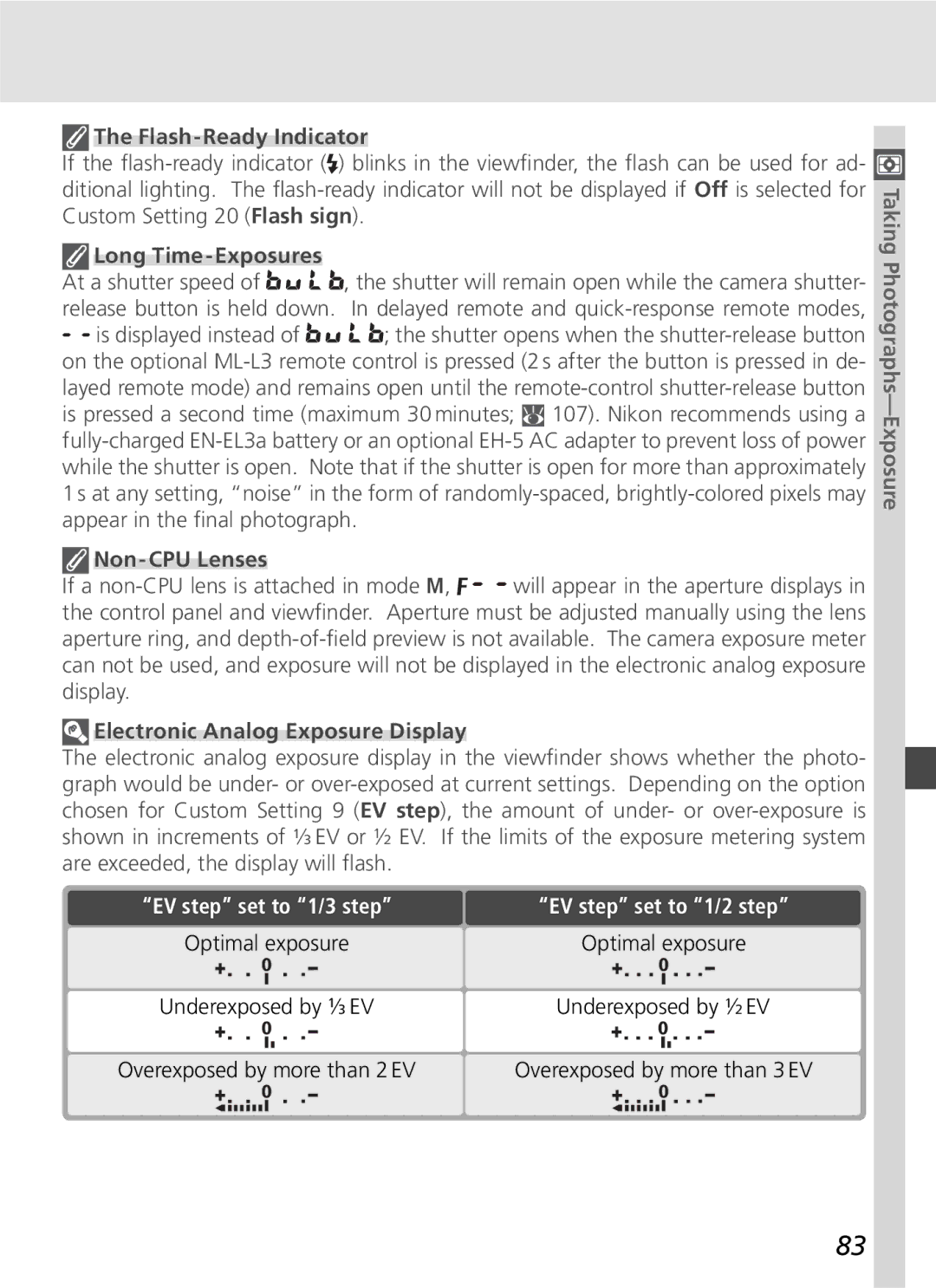 Nikon D70SBODY manual Flash-Ready Indicator, Long Time-Exposures, Electronic Analog Exposure Display 