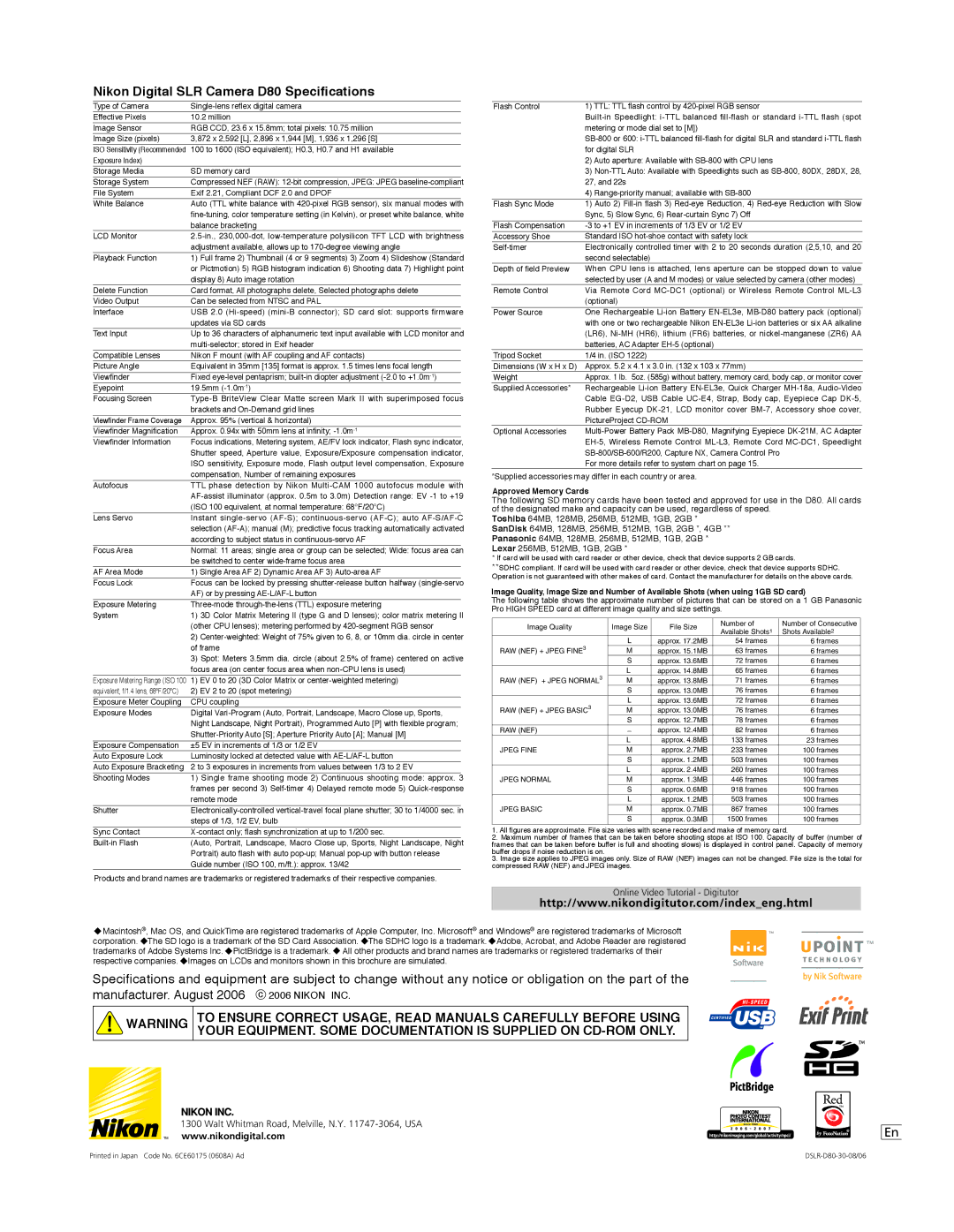 Nikon manual Nikon Digital SLR Camera D80 Specifications, Jpeg Basic 