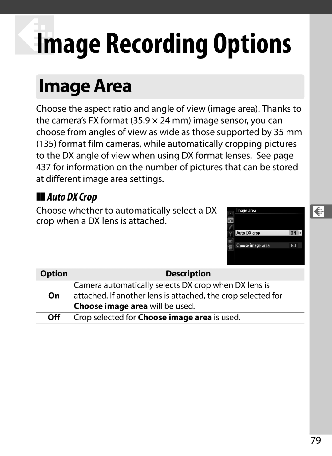 Nikon D800BODY, D800EFXBODY, D800 (Body Only), D800 E (Body Only), 2164+25468, 25480B user manual Image Area, Auto DX Crop 