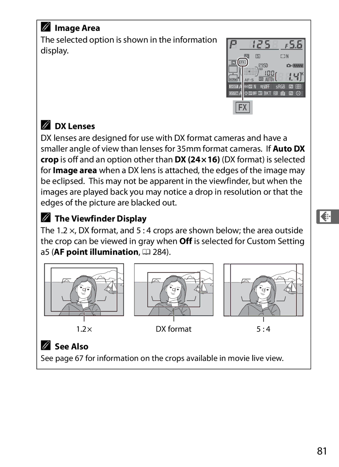 Nikon 2164+25468, D800 E Selected option is shown in the information display, DX Lenses, Viewfinder Display, DX format 