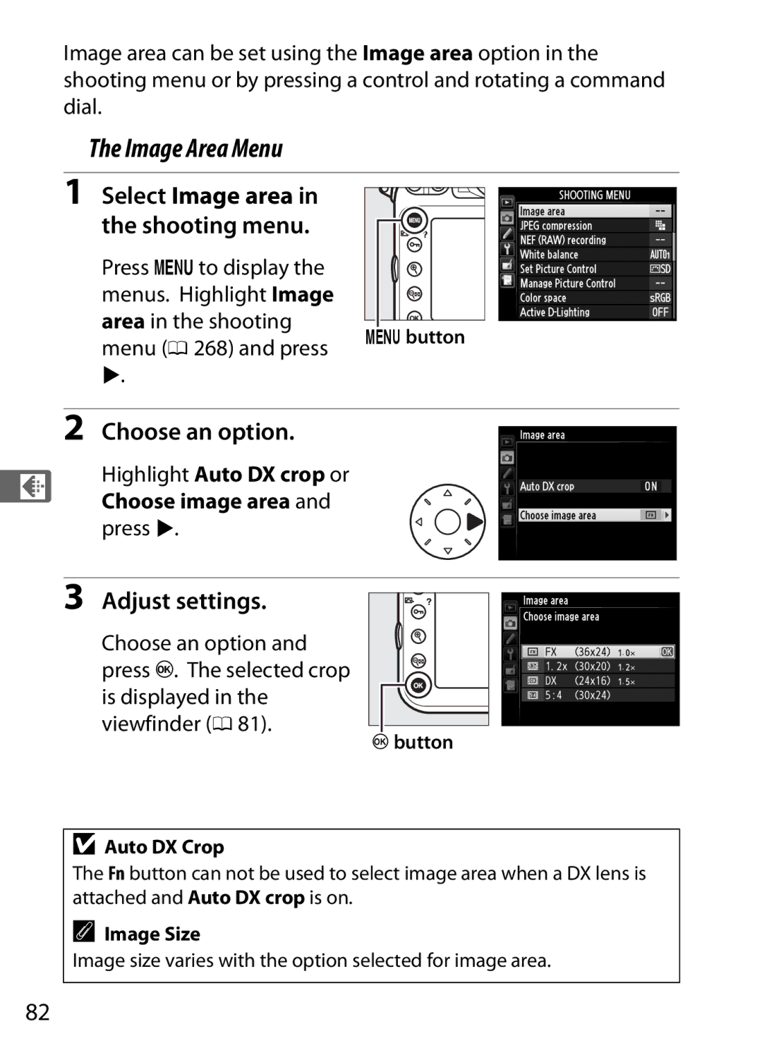 Nikon 25480B, D800EFXBODY, D800 (Body Only), D800 E Image Area Menu, Choose an option, Adjust settings, Menu 0 268 and press 