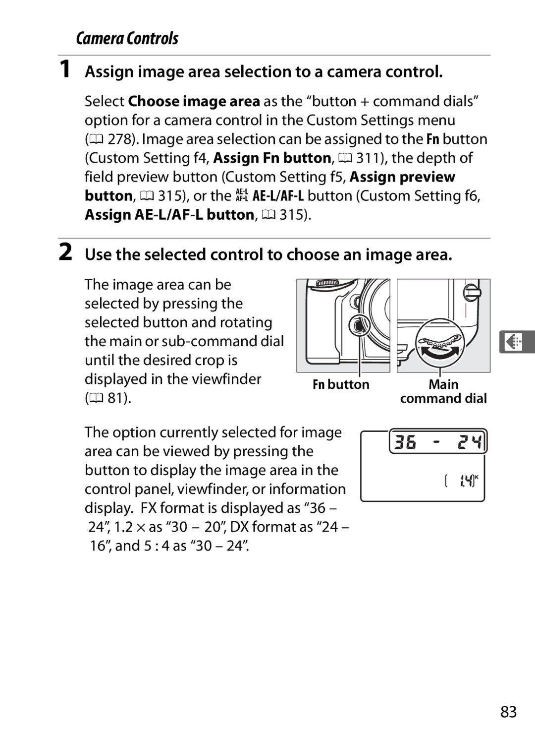 Nikon 25480, D800EFXBODY, D800 E, D800BODY Camera Controls, Assign image area selection to a camera control, Fn button, Main 