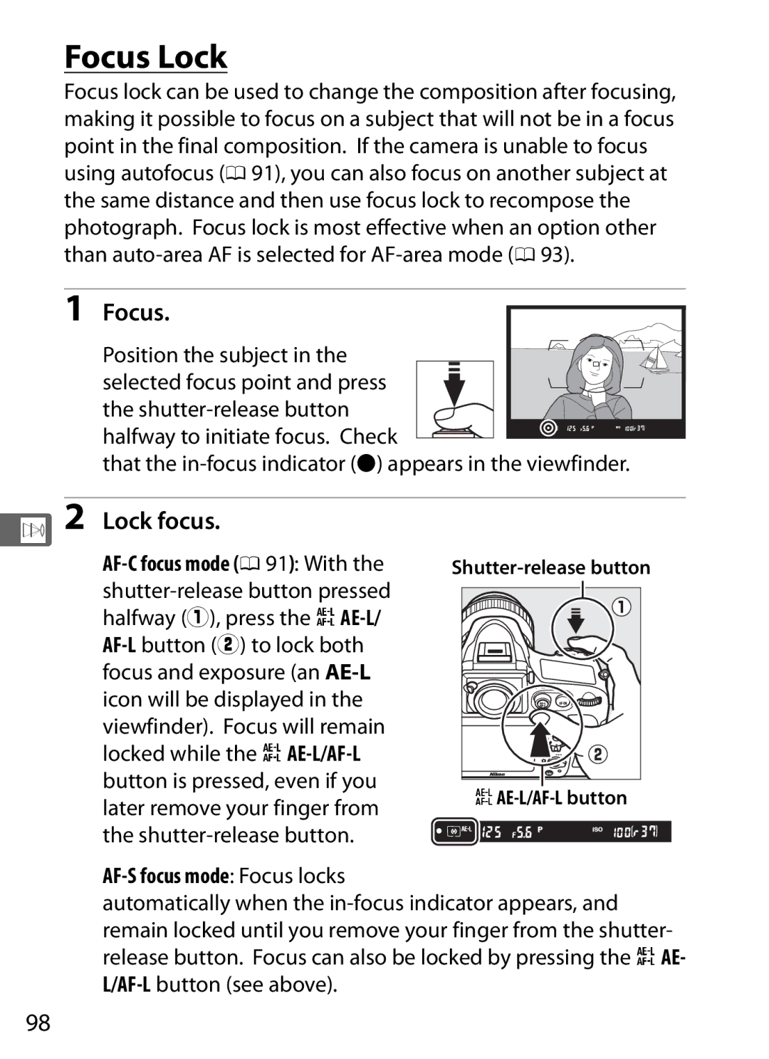 Nikon D800 E (Body Only), D800EFXBODY, D800 (Body Only), D800BODY, 2164+25468, 25480B user manual Focus Lock, Lock focus 