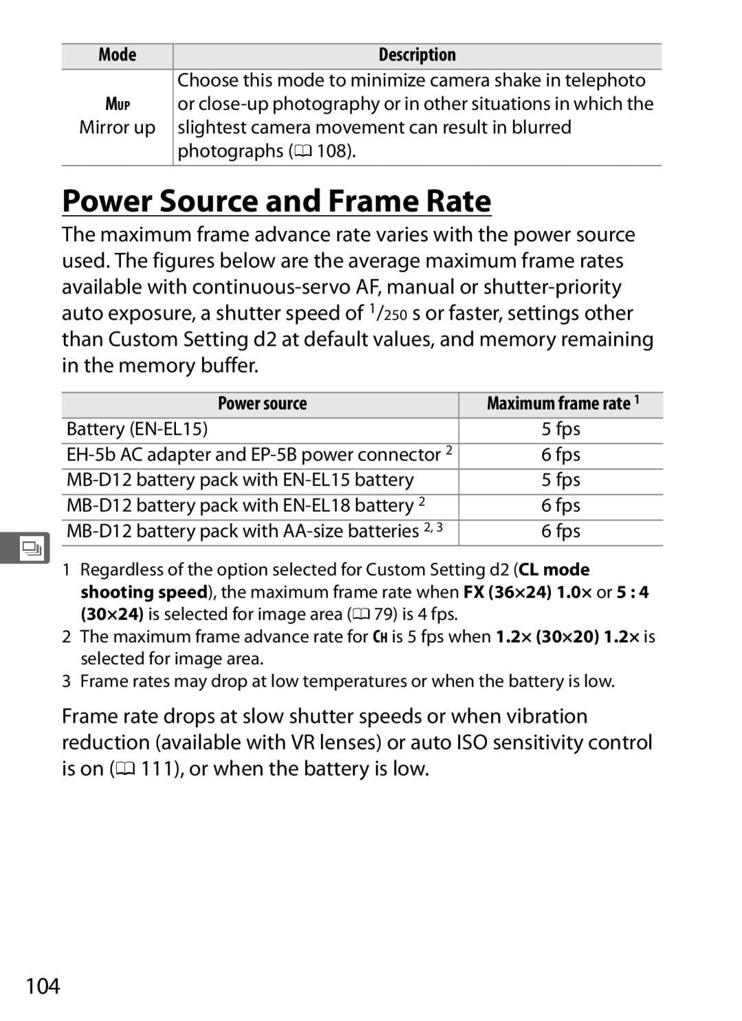 Nikon D800EFXBODY, D800 (Body Only), D800BODY, D800 E (Body Only), 25480B Power Source and Frame Rate, 104, Power source 