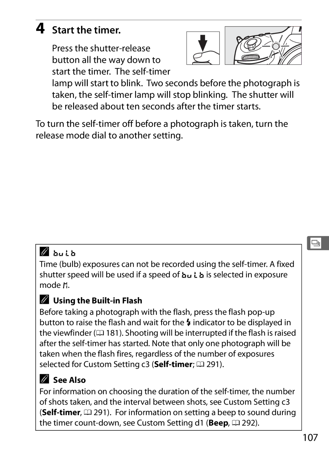 Nikon D800 E (Body Only), D800EFXBODY, D800 (Body Only), D800BODY, 2164+25468 Start the timer, 107, Using the Built-in Flash 