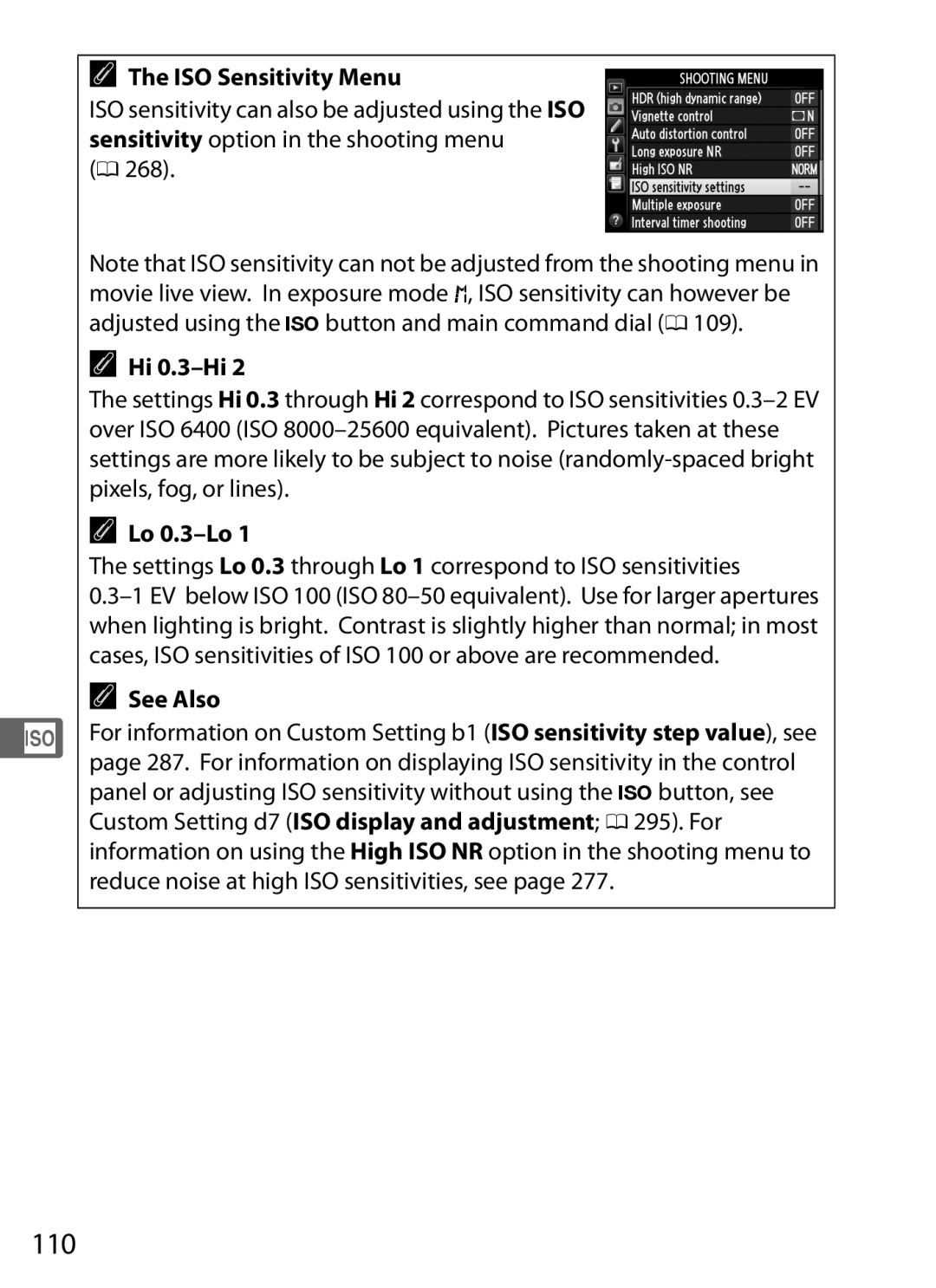 Nikon 25480, D800EFXBODY, D800 (Body Only), D800 E, D800BODY, 2164+25468 110, ISO Sensitivity Menu, 268, Hi 0.3-Hi, Lo 0.3-Lo 