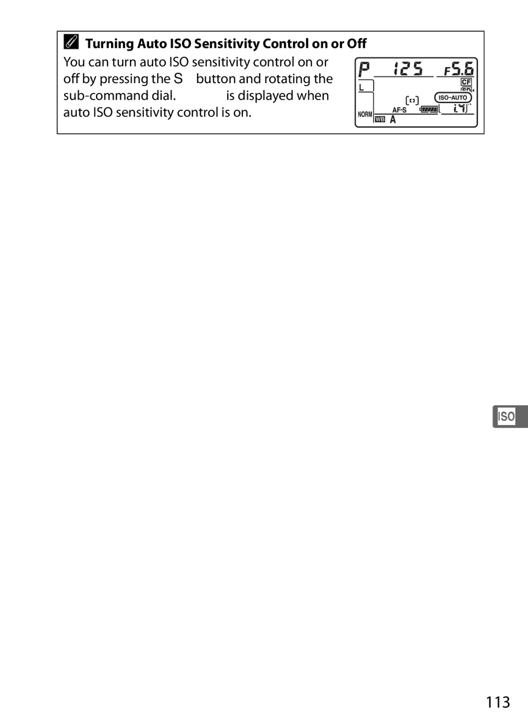 Nikon D800EFXBODY, D800 (Body Only), D800BODY, D800 E (Body Only) 113, Turning Auto ISO Sensitivity Control on or Off 