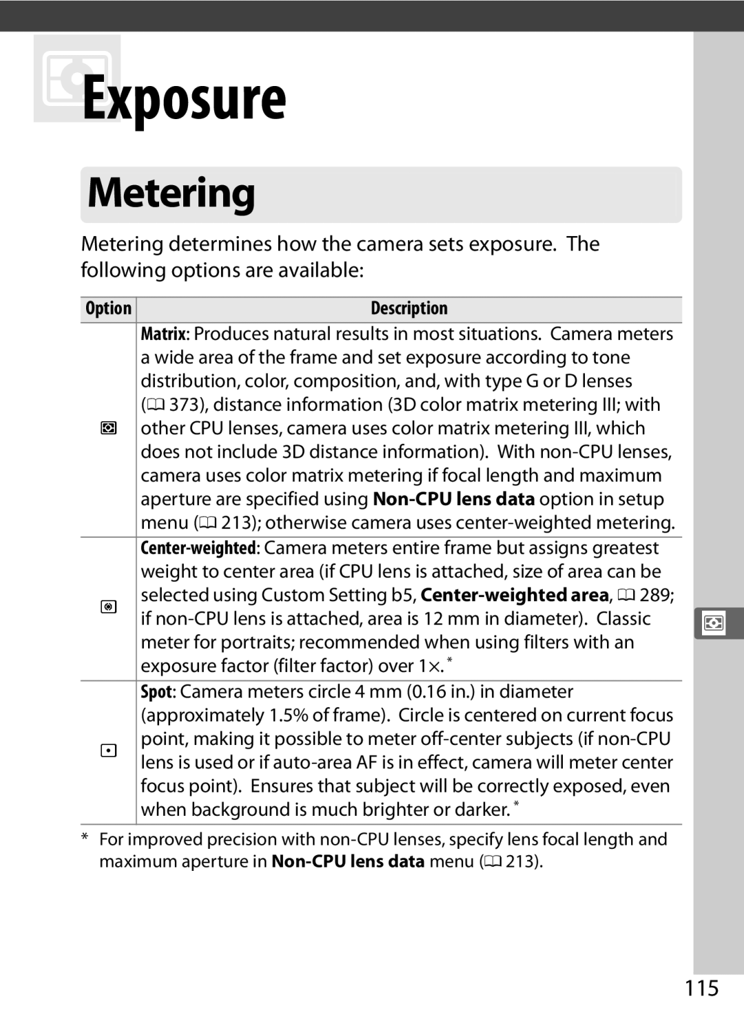 Nikon D800BODY, D800EFXBODY, D800 (Body Only), D800 E (Body Only), 2164+25468, 25480B user manual Metering, 115 