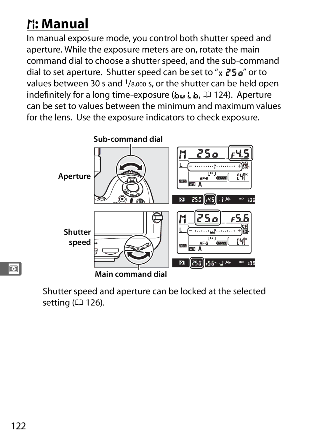 Nikon D800 E, D800EFXBODY, D800 (Body Only), D800BODY, 25480 Manual, 122, Sub-command dial Aperture, Speed, Main command dial 