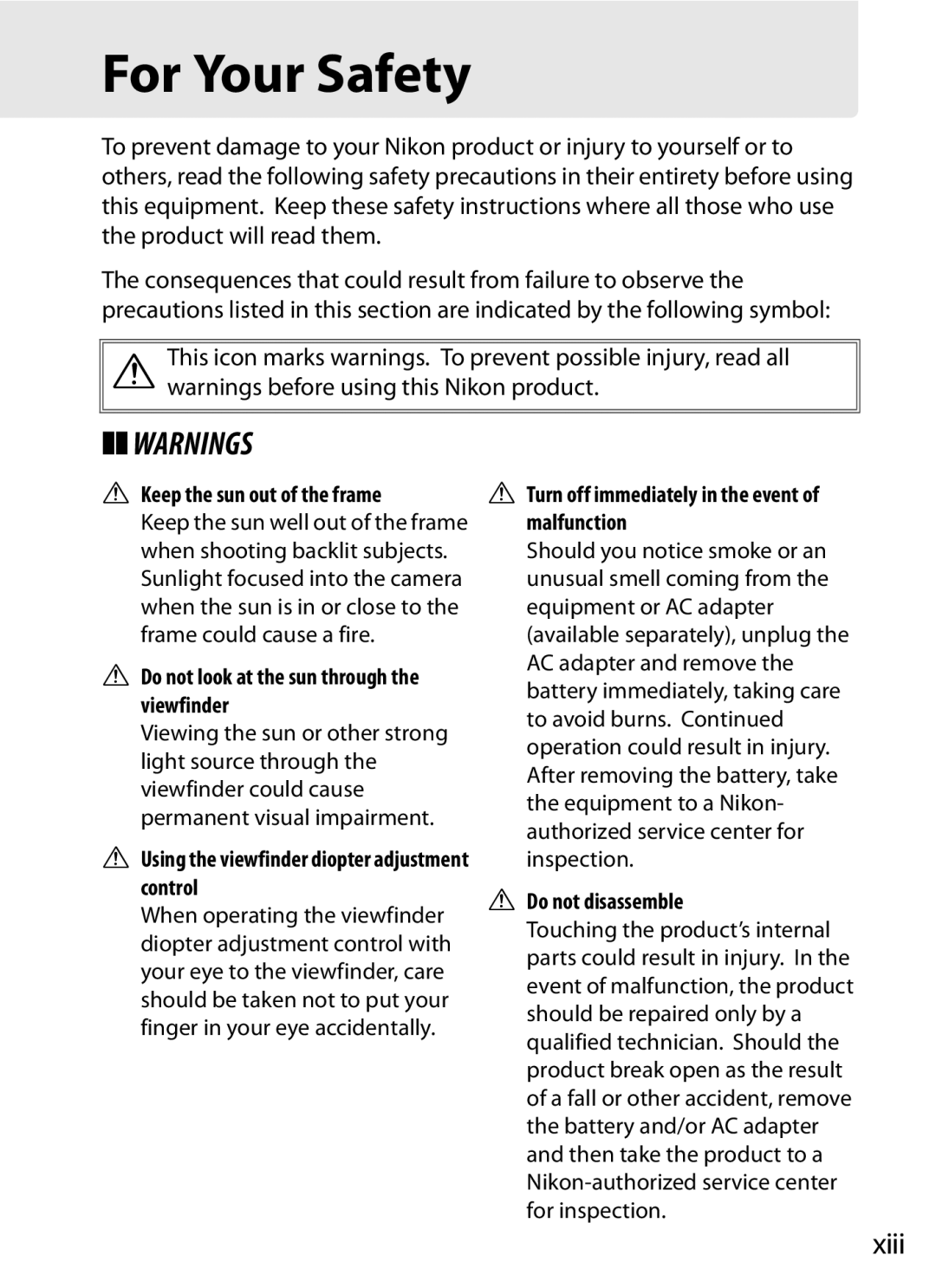 Nikon 2164+25468, D800EFXBODY, D800 (Body Only), D800BODY, D800 E (Body Only), 25480B user manual For Your Safety, Xiii 