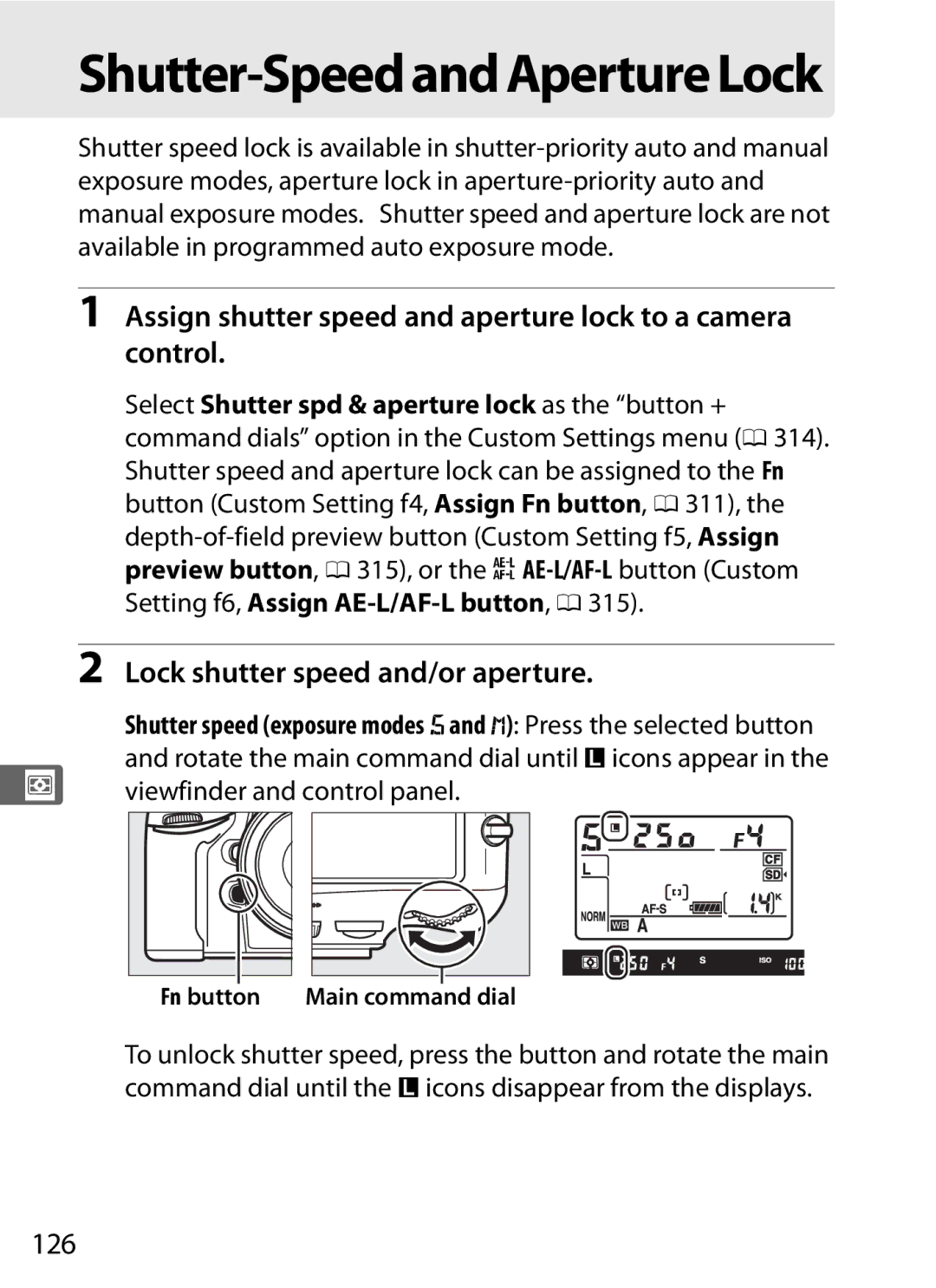 Nikon 2164+25468, D800 Assign shutter speed and aperture lock to a camera control, Lock shutter speed and/or aperture, 126 