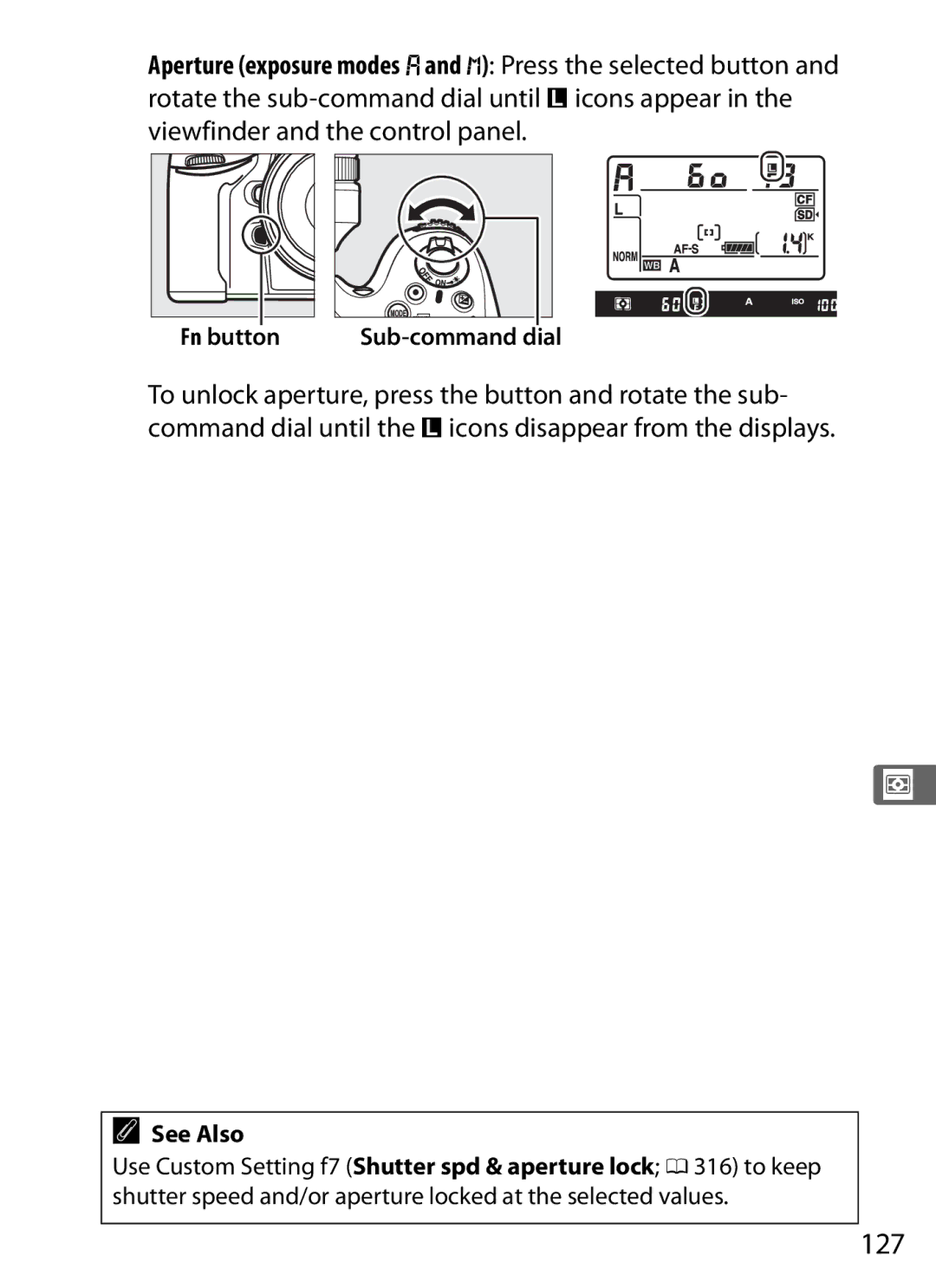 Nikon 25480B, D800EFXBODY, D800 (Body Only), D800BODY, D800 E (Body Only), 2164+25468 user manual 127, Fn button 