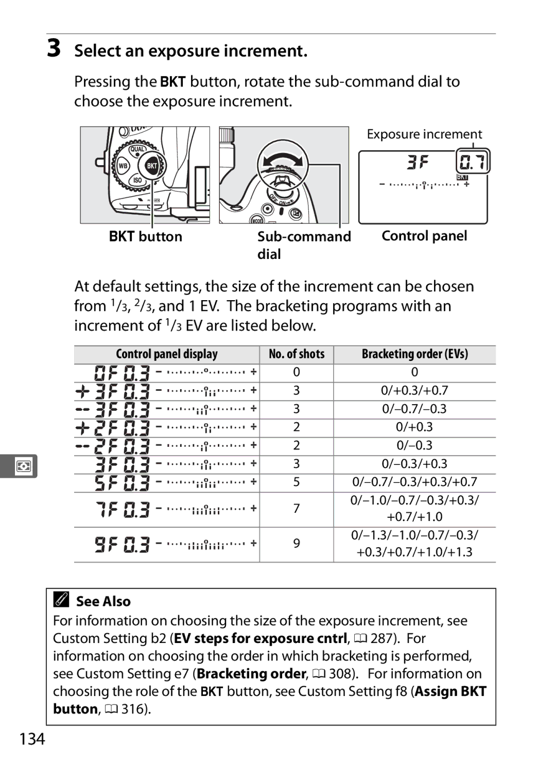 Nikon D800 E (Body Only), D800EFXBODY, 25480B Select an exposure increment, 134, Dbutton Sub-command, Control panel display 