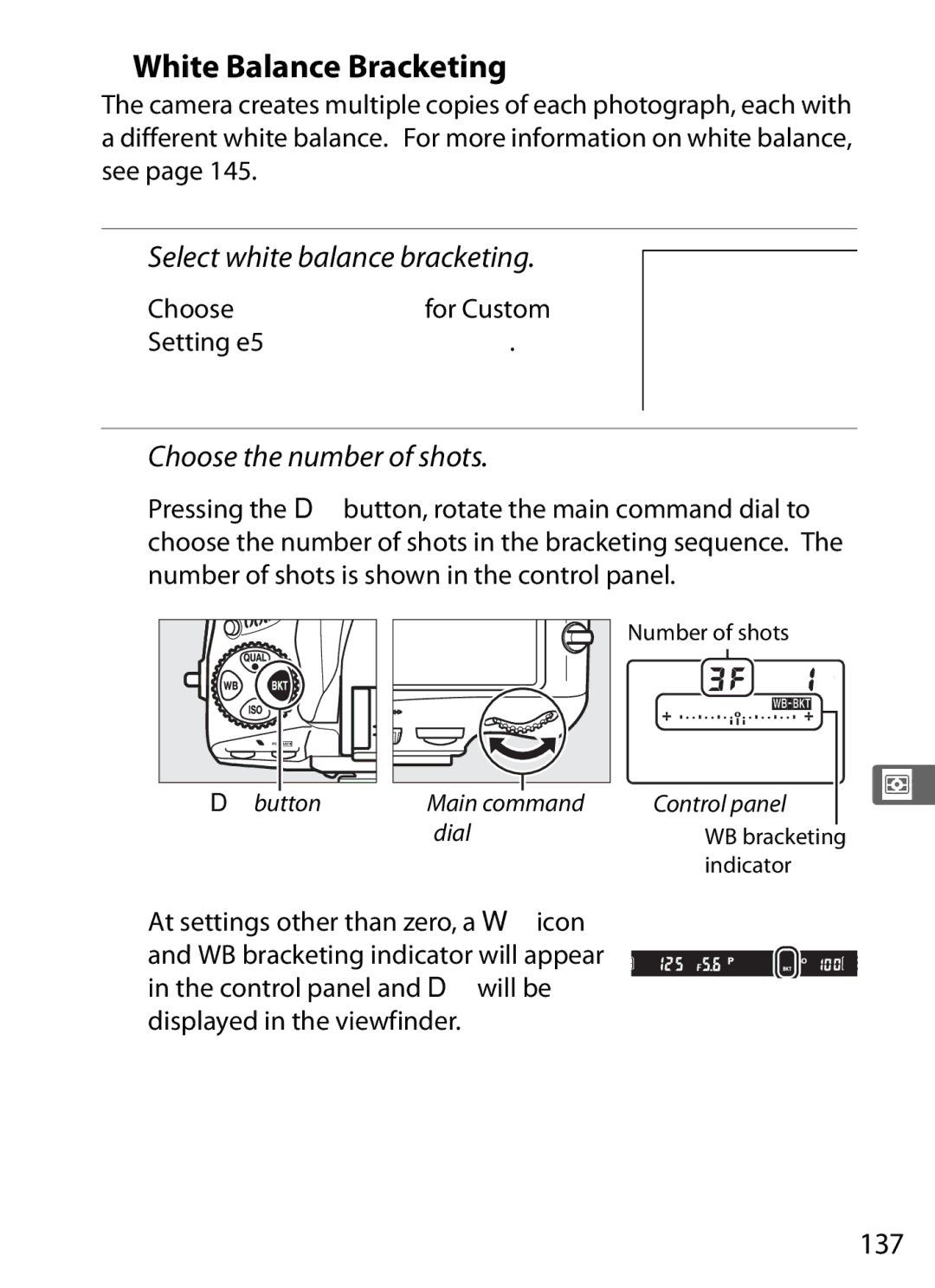 Nikon 25480, D800 White Balance Bracketing, Select white balance bracketing, 137, Dbutton Main command Control panel Dial 