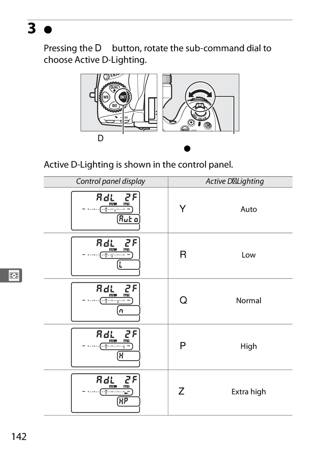 Nikon D800BODY, D800EFXBODY, D800 E Select Active D-Lighting, 142, Active D-Lighting is shown in the control panel, Dbutton 