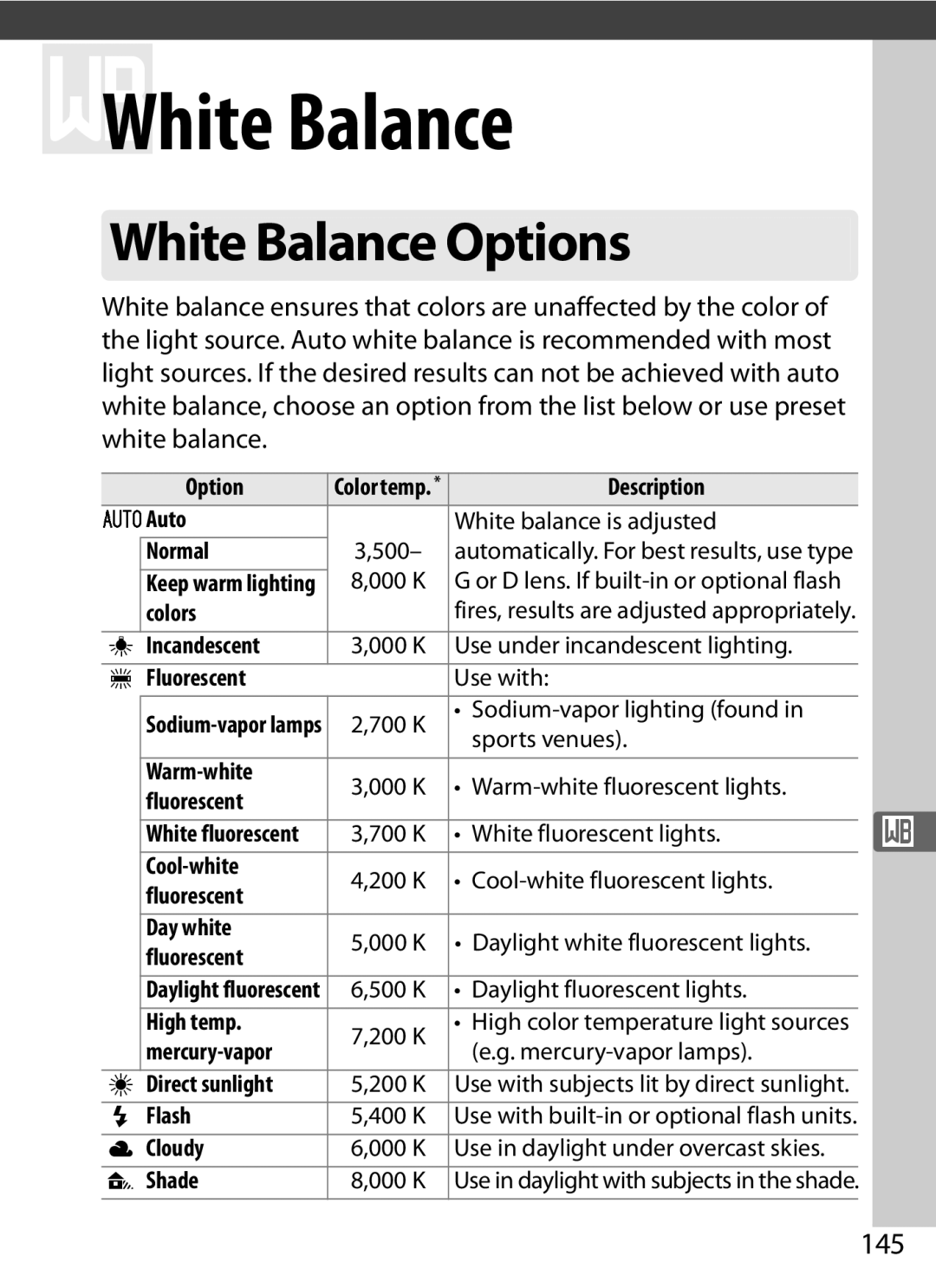 Nikon 25480B, D800EFXBODY, D800 (Body Only), D800BODY, D800 E (Body Only), 2164+25468 user manual White Balance Options, 145 