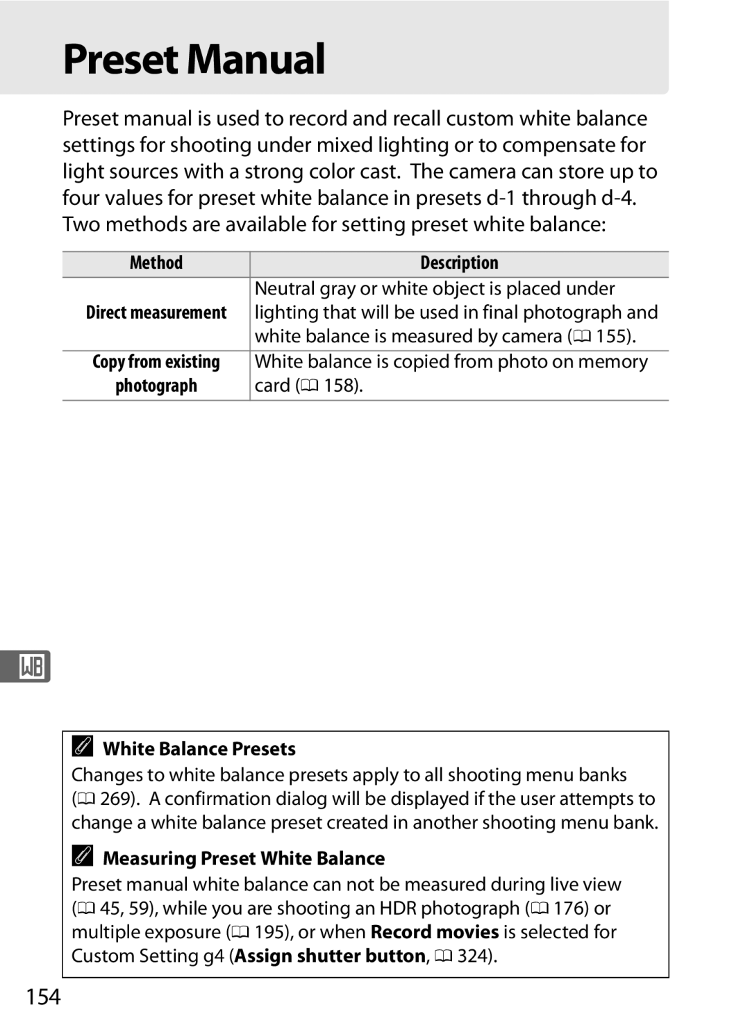 Nikon 25480B, D800EFXBODY Preset Manual, 154, Method Description, White Balance Presets, Measuring Preset White Balance 