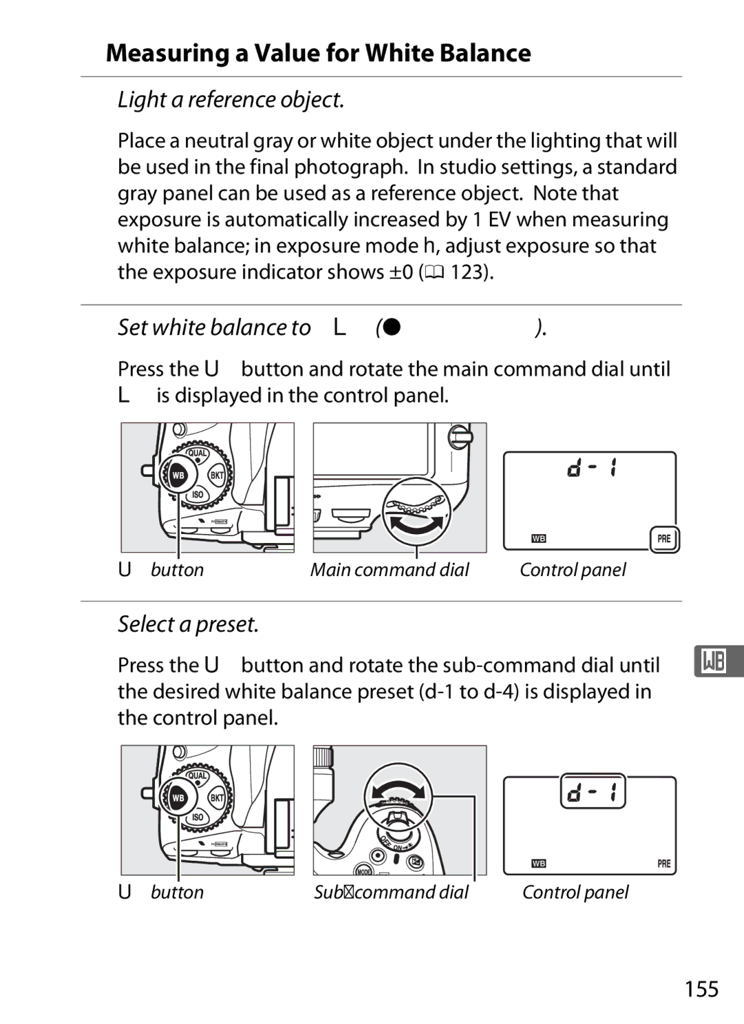 Nikon 25480, D800 Measuring a Value for White Balance, Light a reference object, Set white balance to LPreset manual, 155 