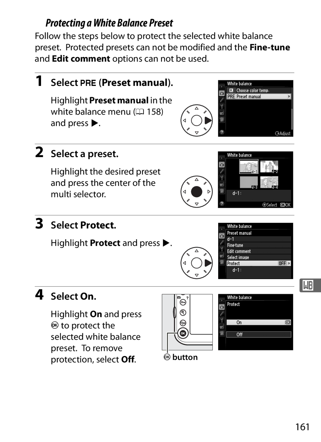 Nikon D800 E (Body Only), D800EFXBODY Protecting a White Balance Preset, Select Protect, 161, Highlight Protect and press 