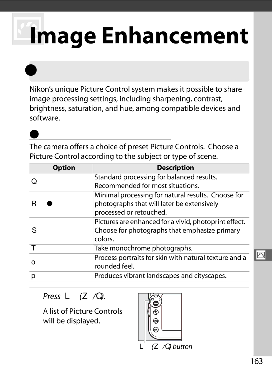 Nikon 25480B, D800EFXBODY, D800 (Body Only), D800 E, D800BODY Picture Controls, Selecting a Picture Control, Press LZ/Q, 163 