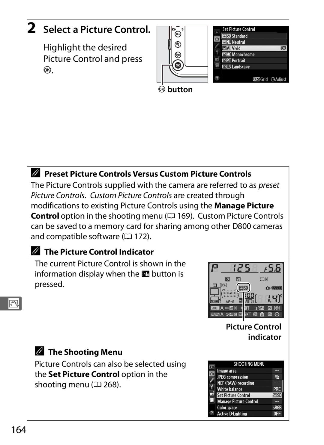 Nikon 25480 Select a Picture Control, 164, Highlight the desired Picture Control and press, Picture Control Indicator 