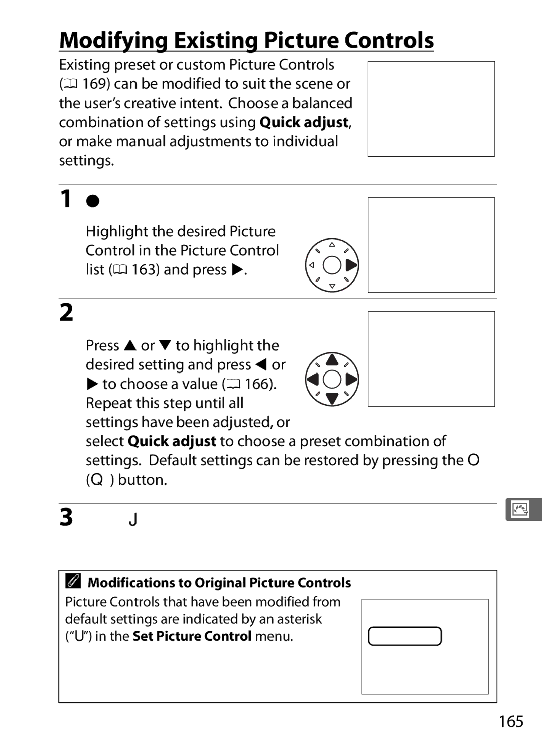 Nikon D800EFXBODY Modifying Existing Picture Controls, 165, Repeat this step until all settings have been adjusted, or 