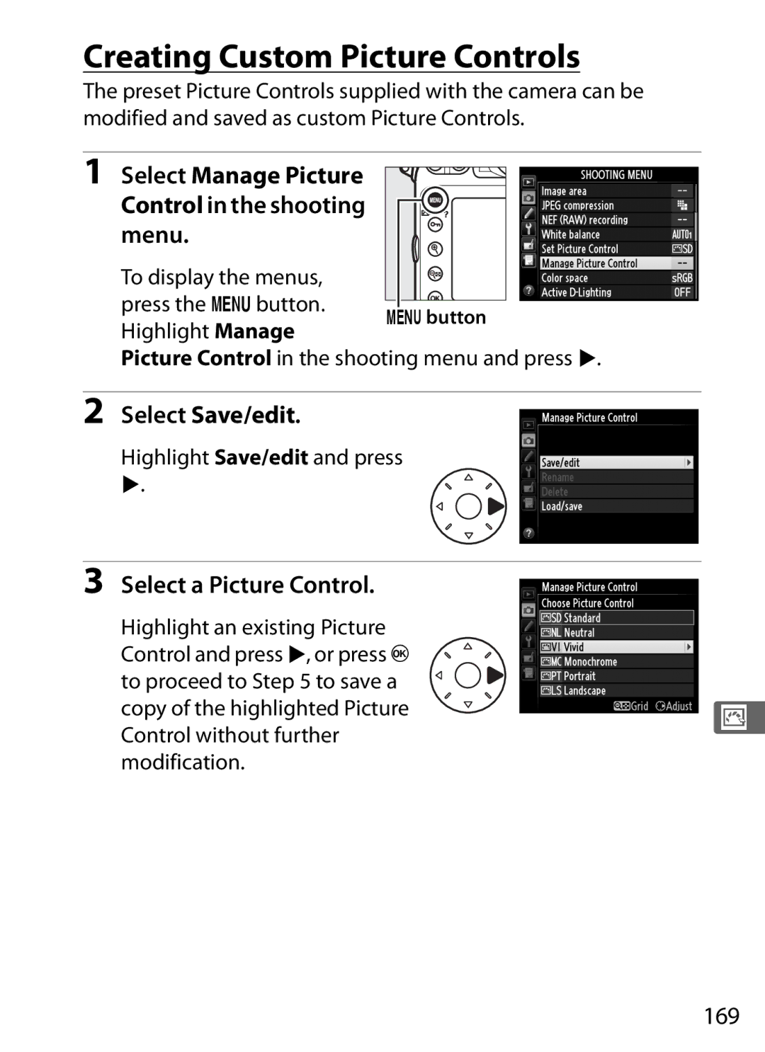 Nikon D800BODY Creating Custom Picture Controls, Select Manage Picture Control in the shooting menu, Select Save/edit, 169 