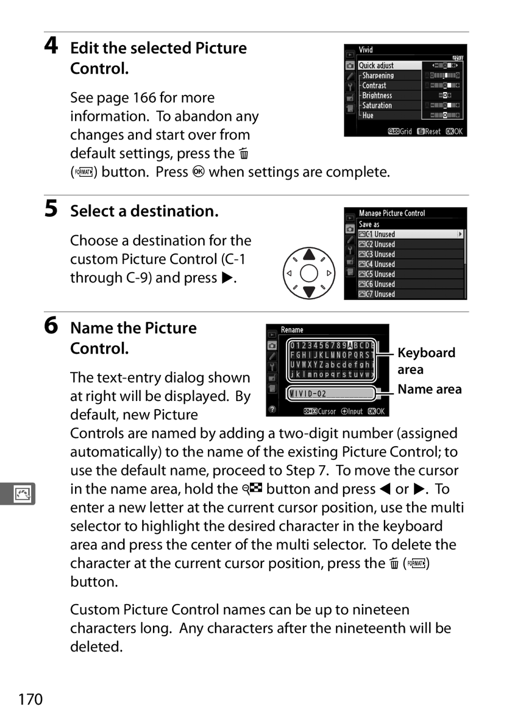 Nikon D800 E (Body Only), D800EFXBODY, D800 (Body Only) Edit the selected Picture Control, Name the Picture Control, 170 