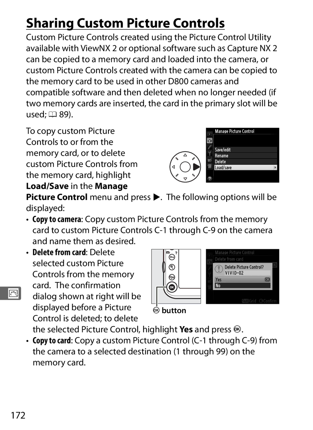 Nikon 25480B, D800EFXBODY, D800 E Sharing Custom Picture Controls, 172, Delete from card Delete selected custom Picture 