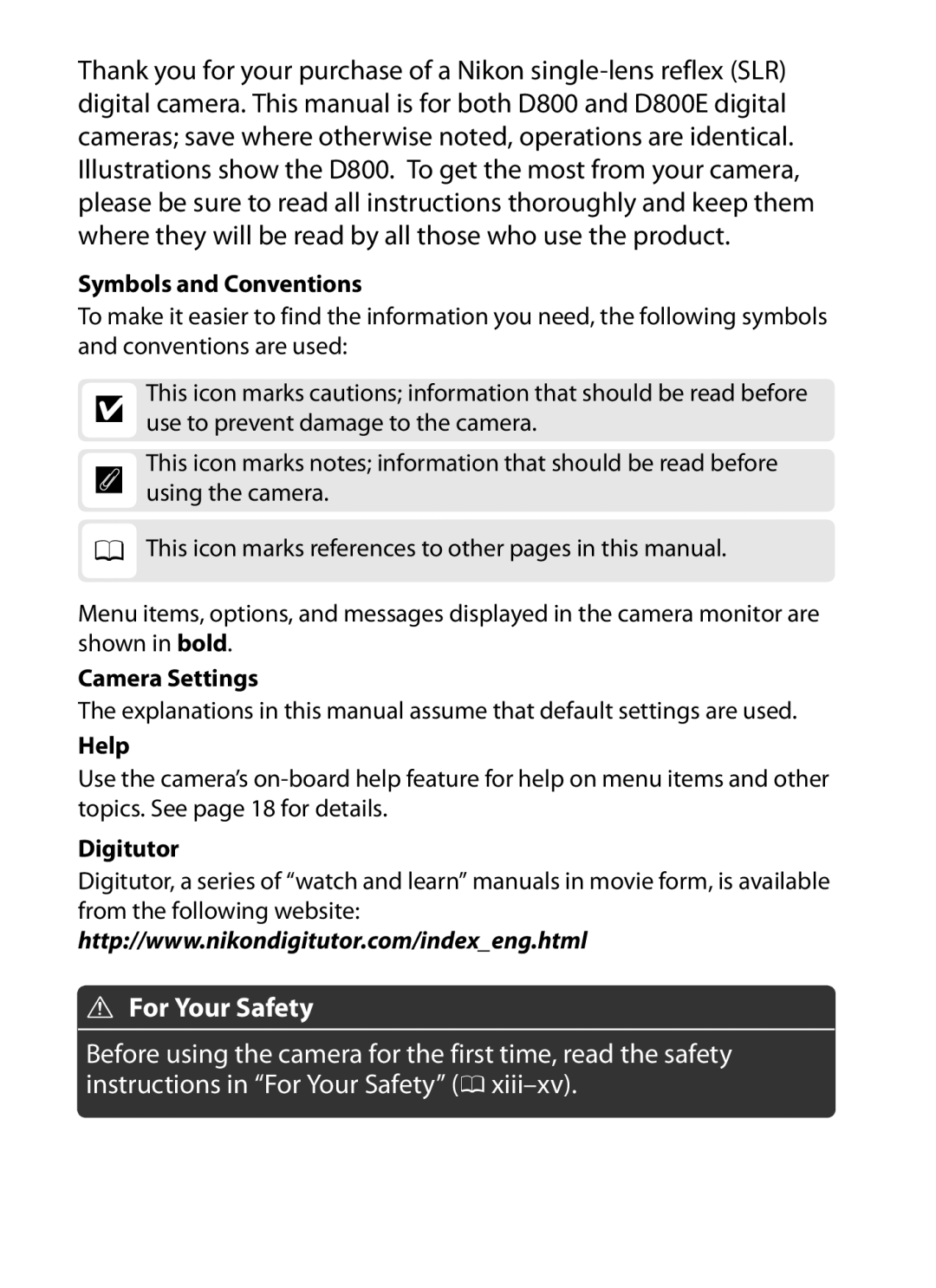 Nikon D800 E, D800EFXBODY, D800 (Body Only), D800BODY, 2164+25468 Symbols and Conventions, Camera Settings, Help, Digitutor 